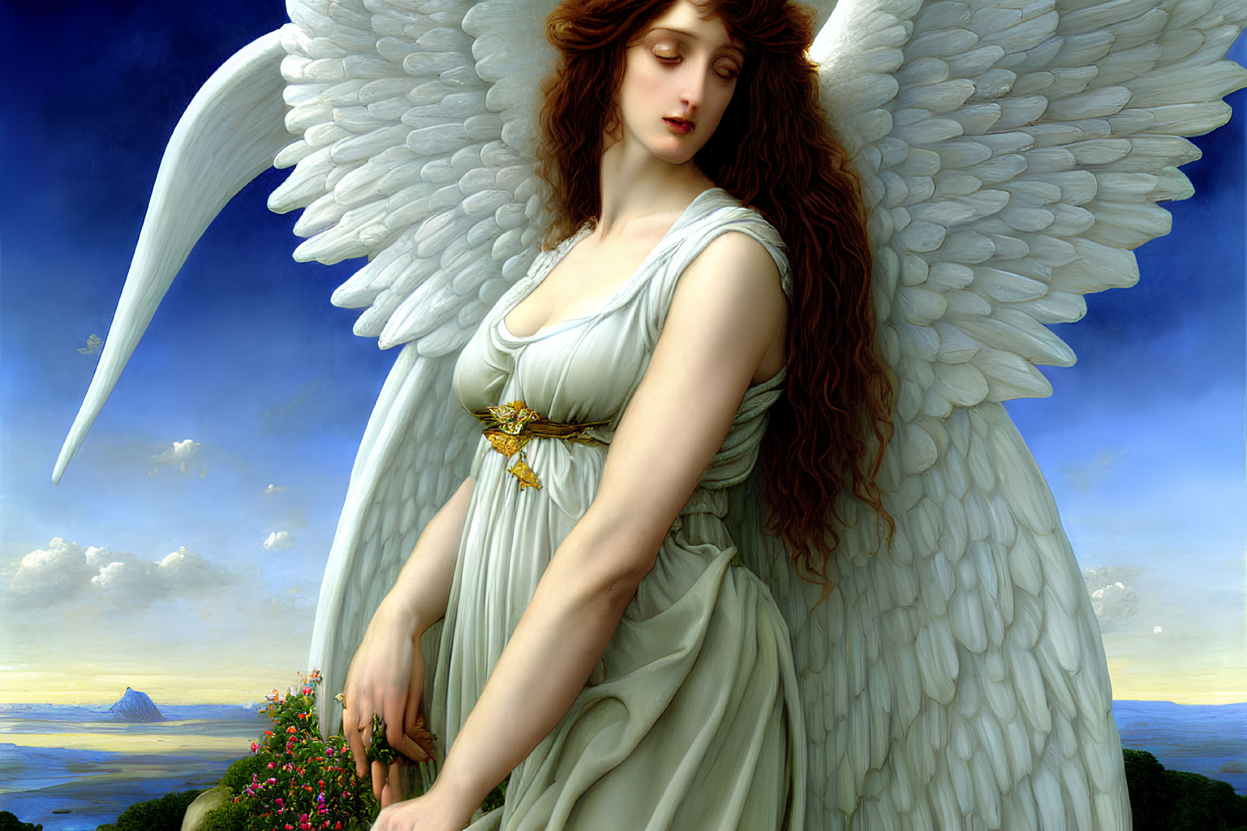 Female angel with red hair and white wings in serene landscape