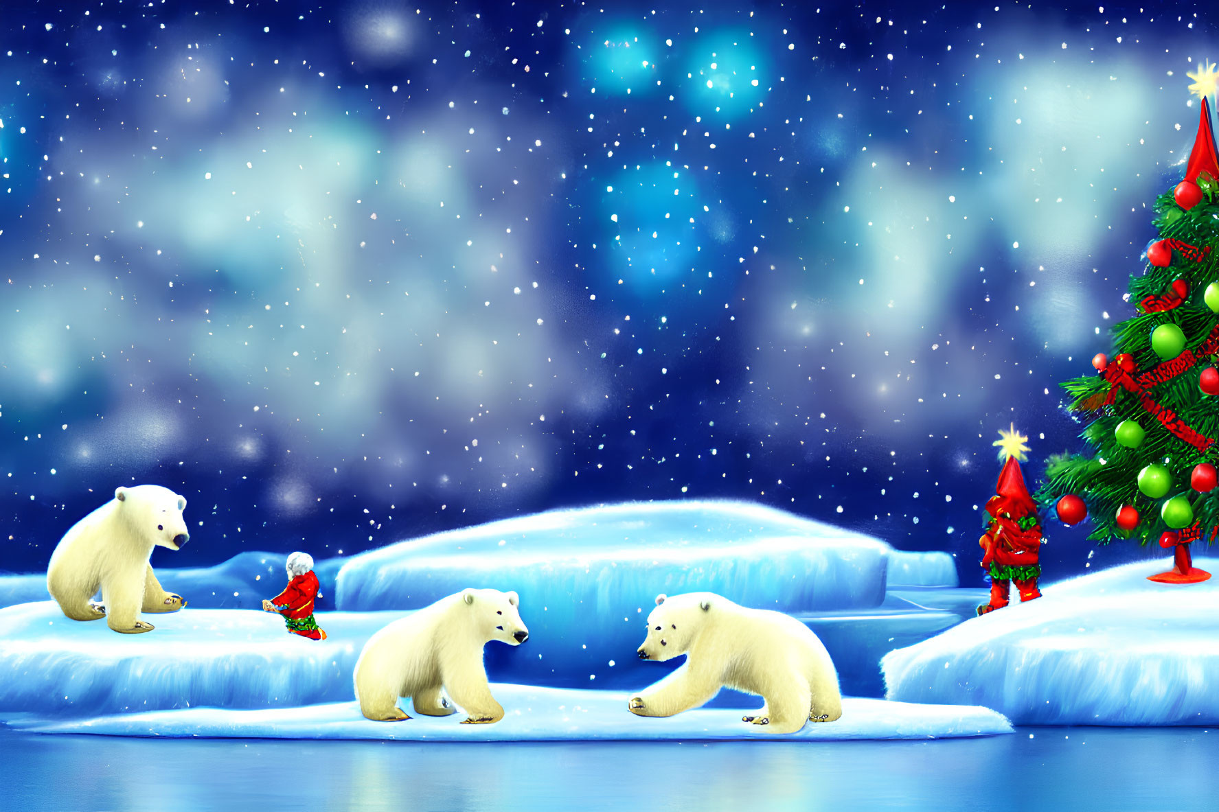 Polar bears on icebergs with Christmas tree under starry sky