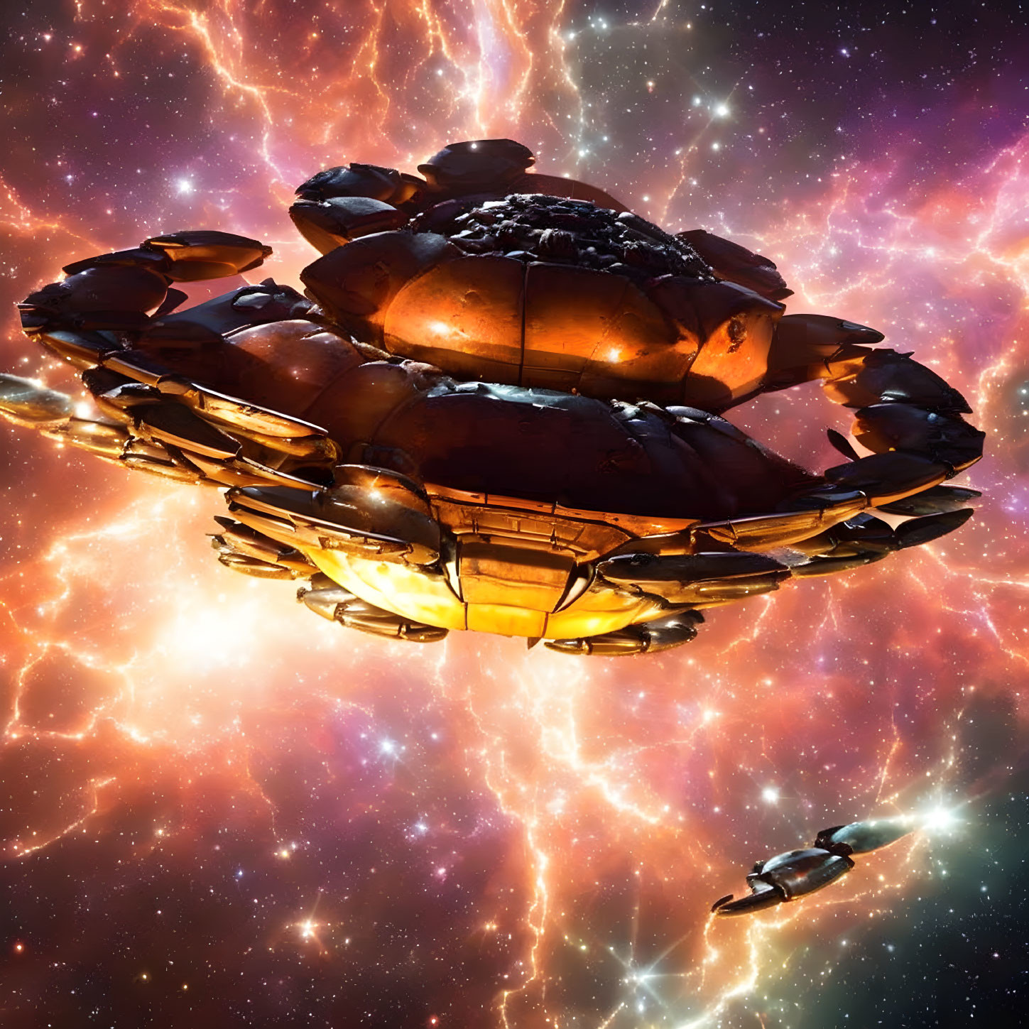 Multi-tiered futuristic spaceship with glowing parts in vibrant cosmic nebula.