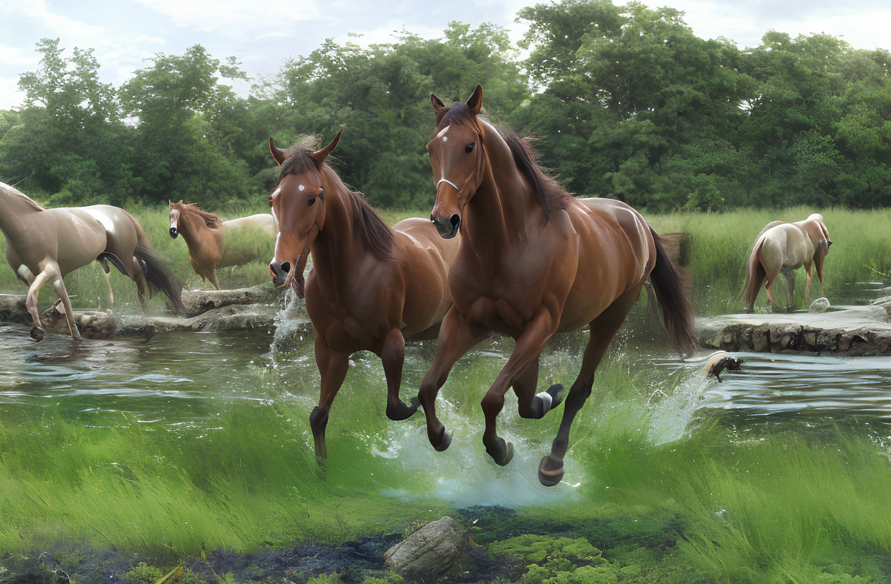 Horses grazing and running near water stream in lush green landscape