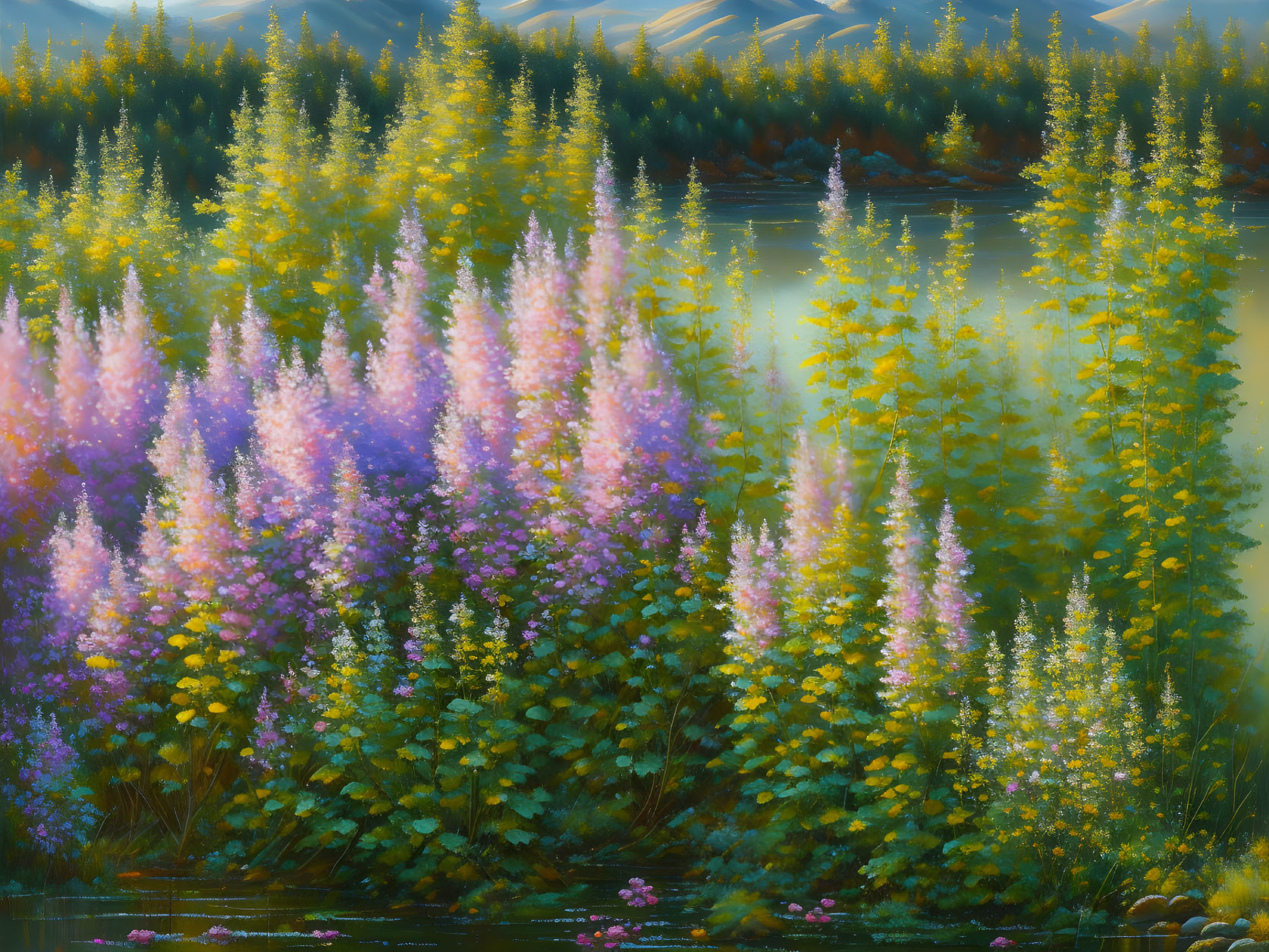 Tranquil landscape with blooming flowers, serene river, and golden-lit mountains