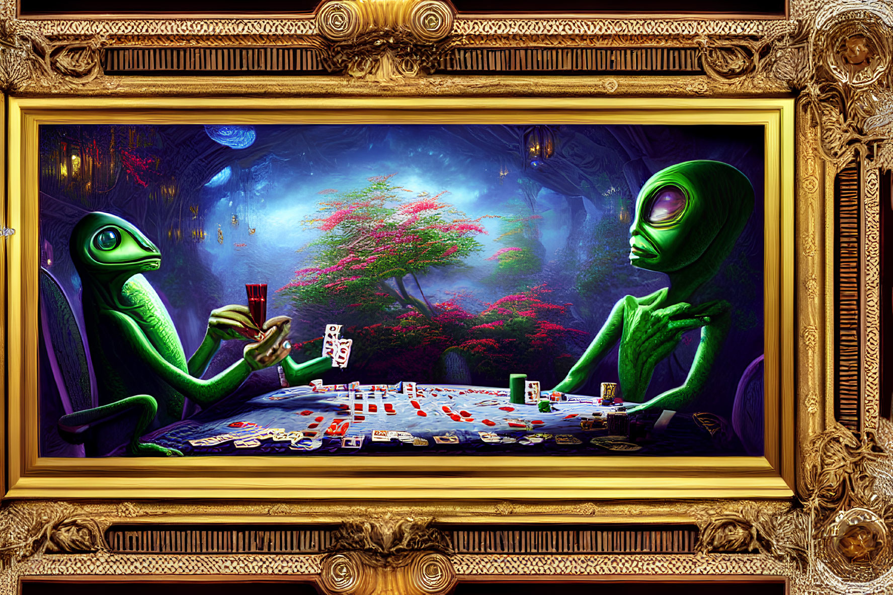 Stylized aliens playing cards in lush forest setting