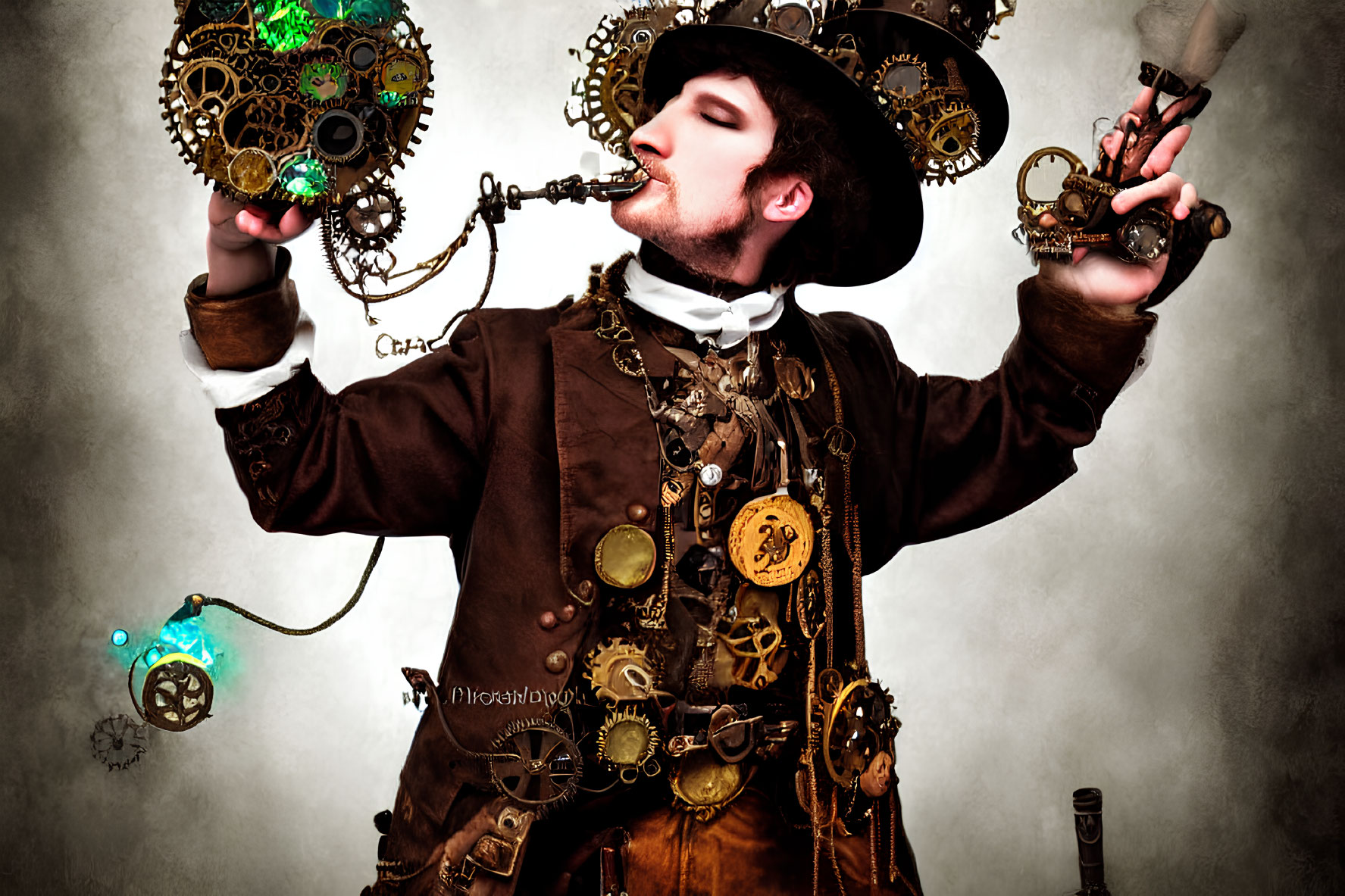 Steampunk-themed man kisses smoking mechanical object with gun.