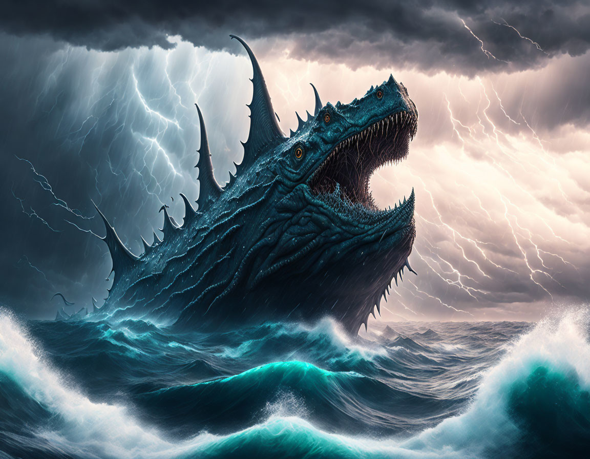 Majestic sea dragon in stormy ocean waves