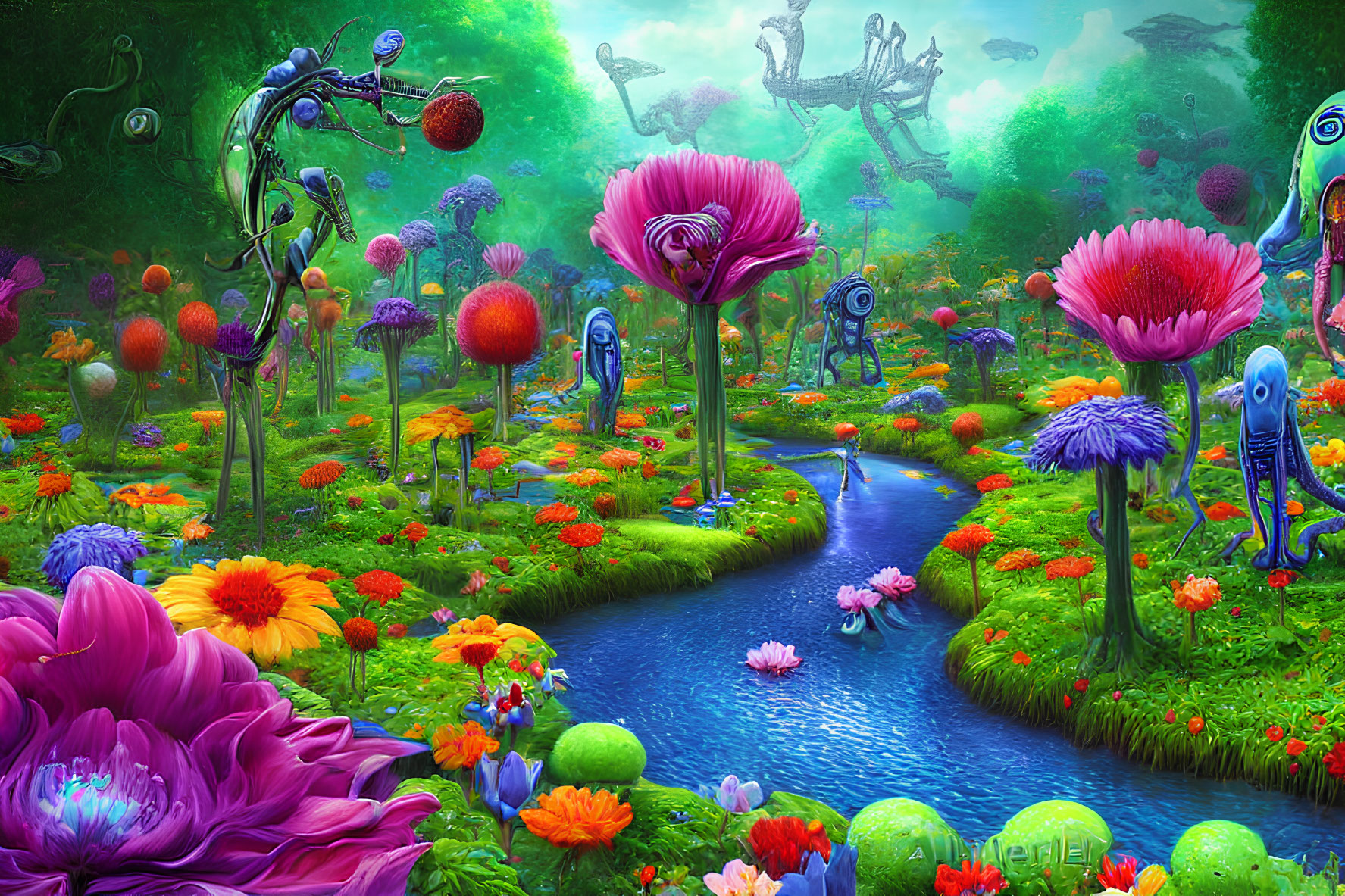 Colorful Fantasy Landscape with Stream, Flowers, Mushrooms, and Alien Creatures