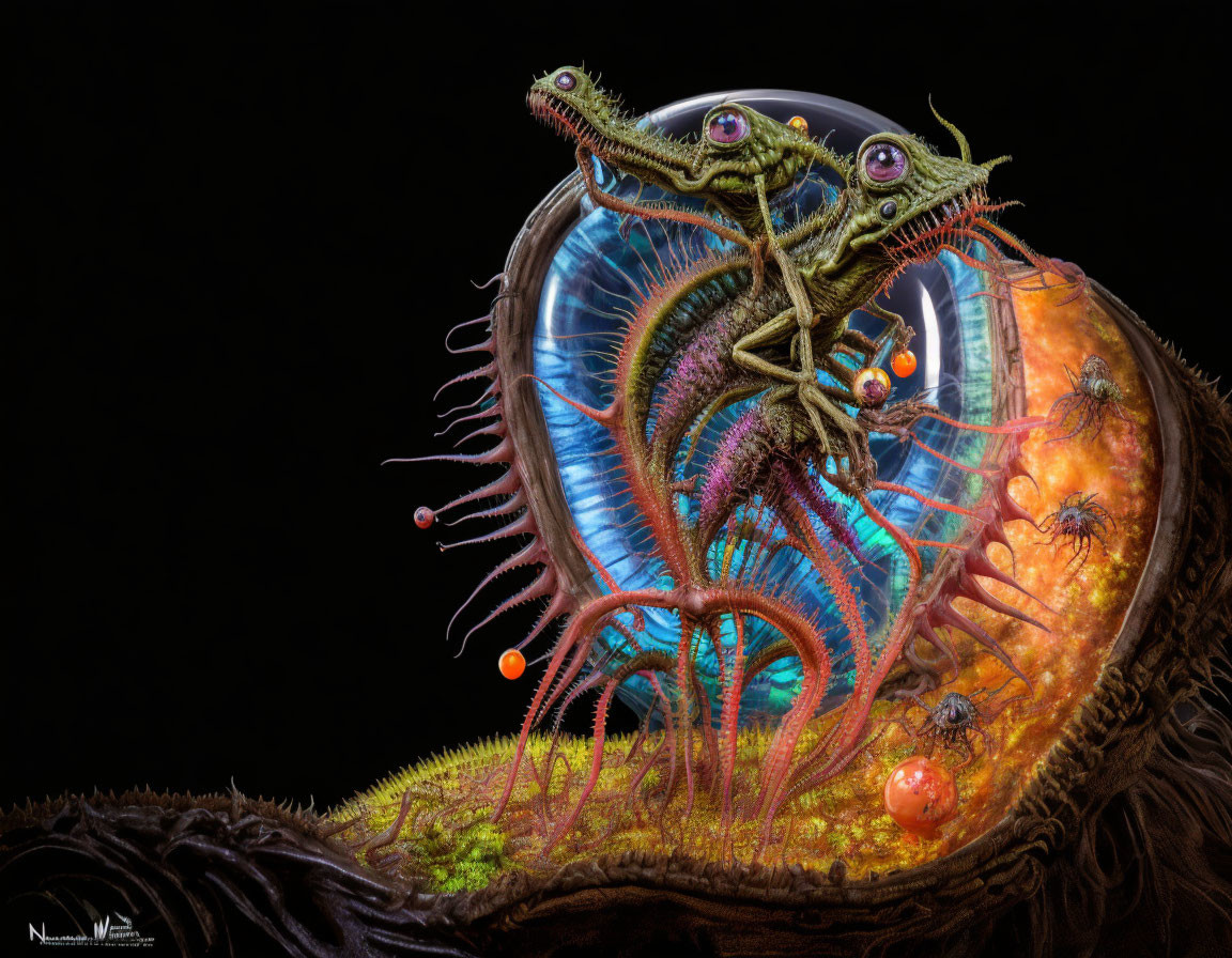 Intricate surreal alien creature with multiple eyes and tentacles