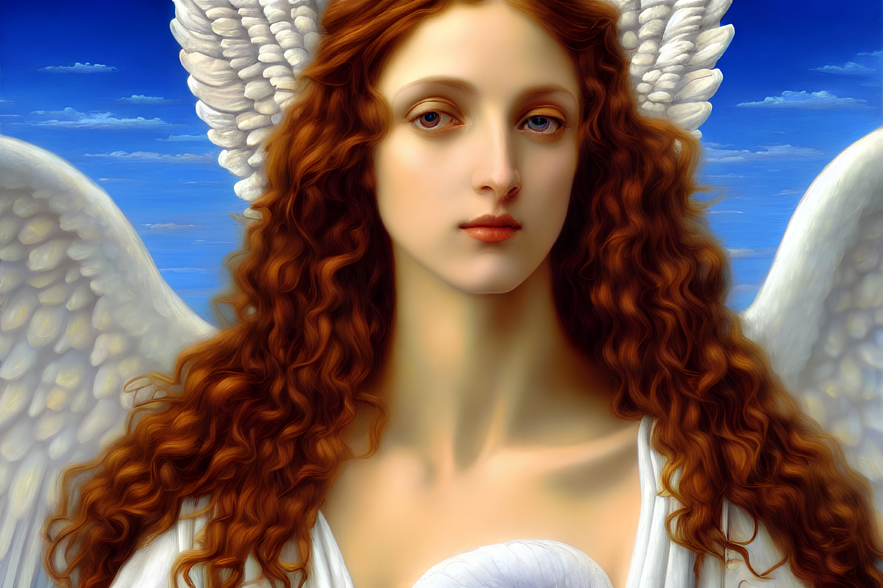 Digital painting: Auburn-haired angel with white wings on blue sky.