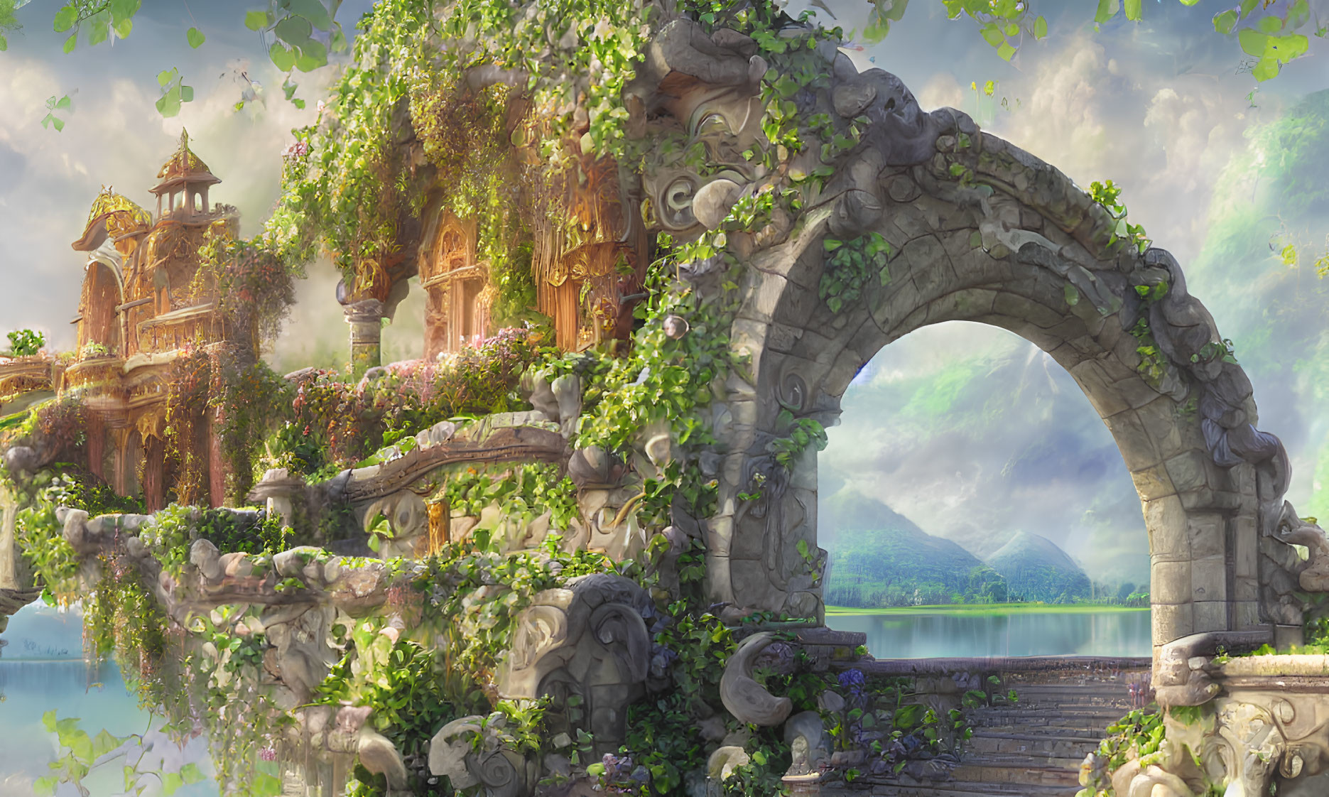 Fantasy landscape with stone archway and palace in serene setting