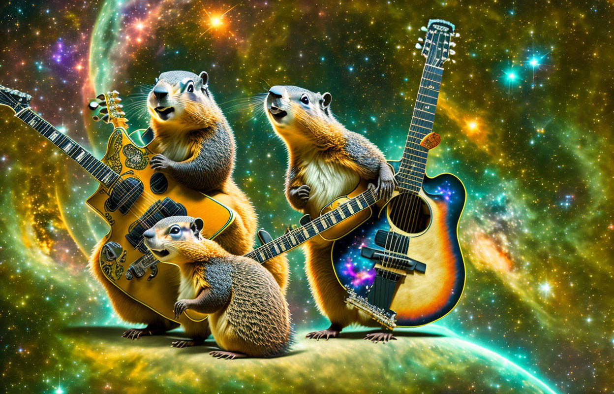 Three animated squirrels with guitars on vibrant cosmic background