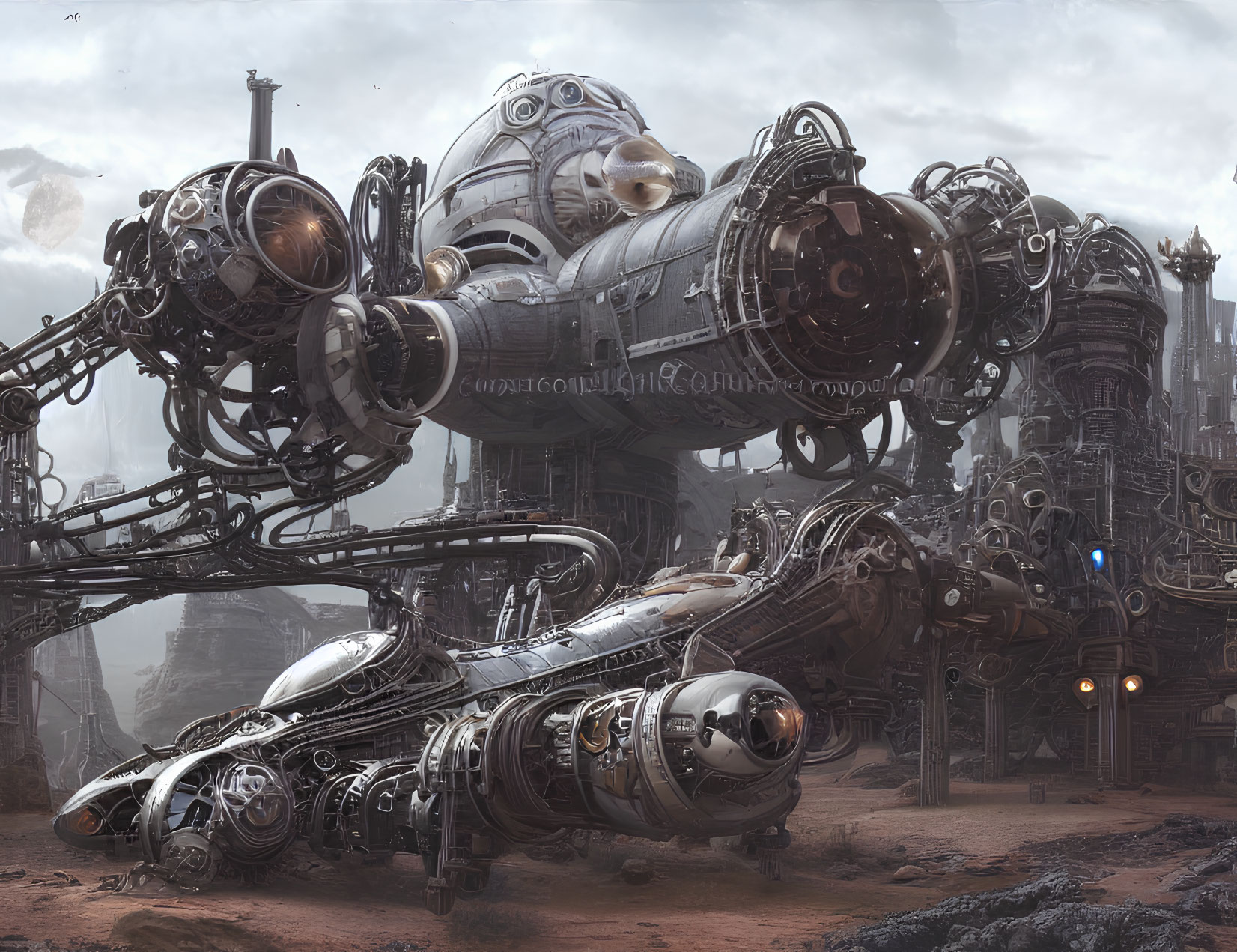 Detailed Sci-Fi Cityscape with Machinery, Robotic Structures, and Spherical Modules