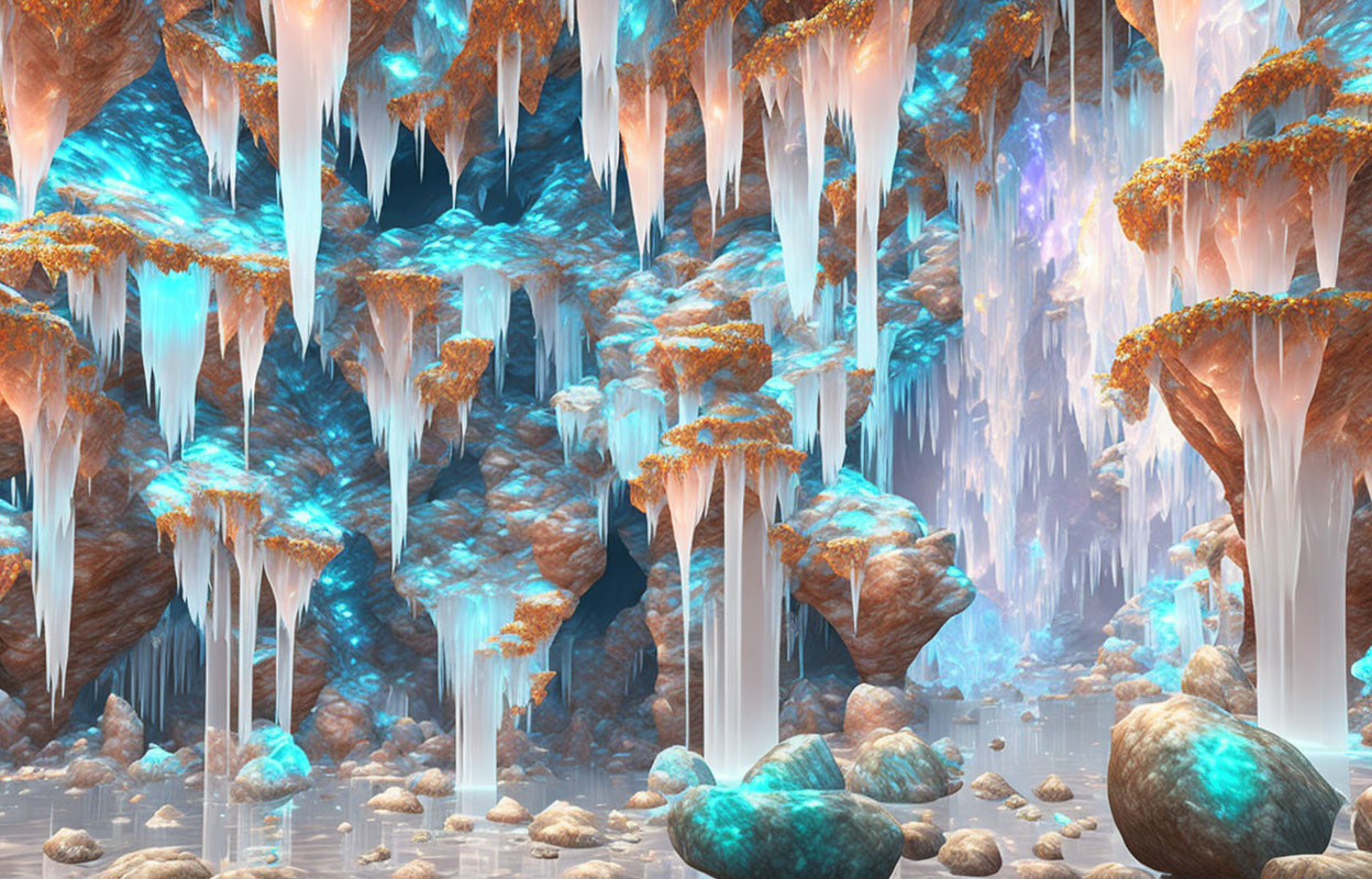 Cave Scene with Stalactites and Reflective Pools