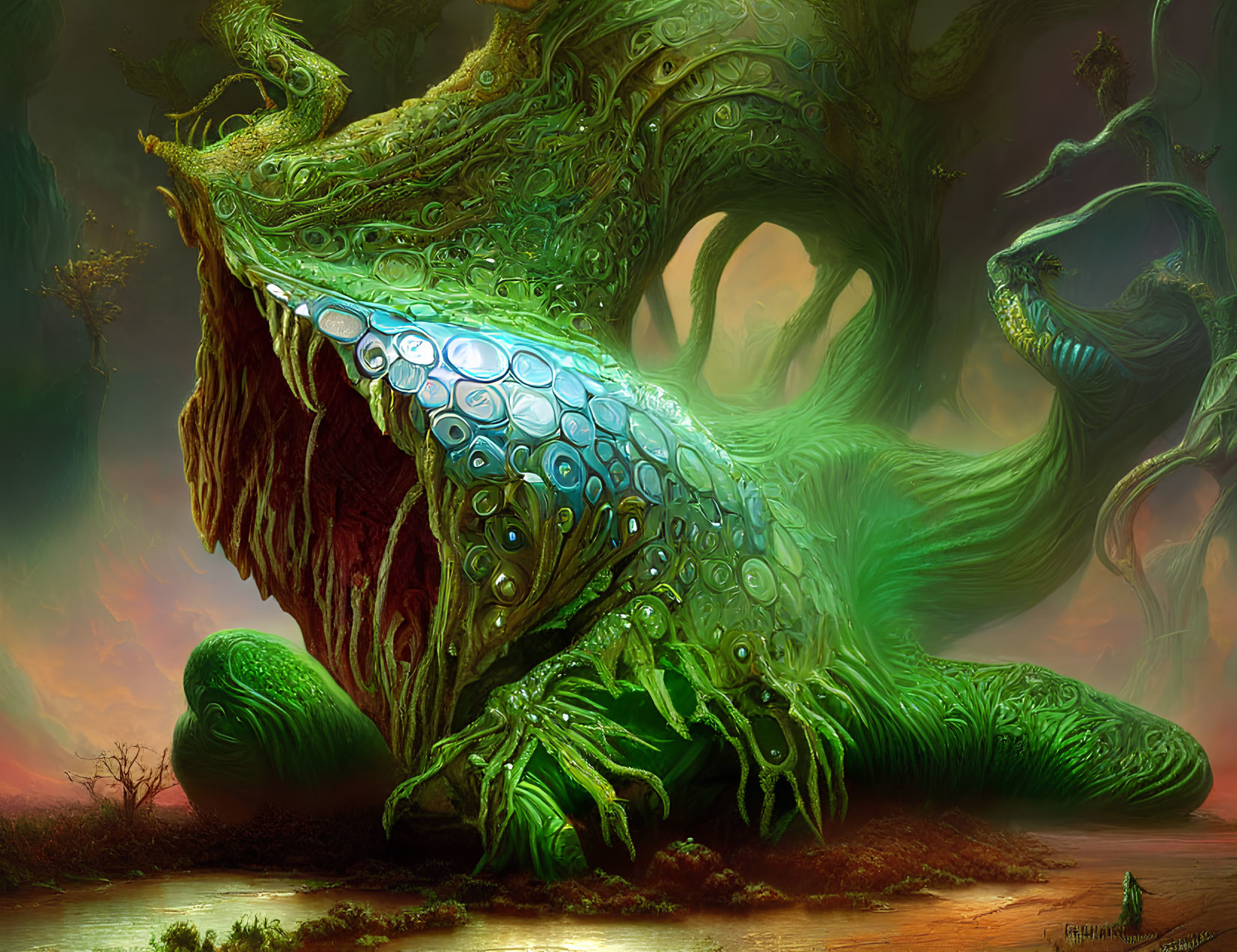 Green dragon with peacock features in mystical forest with creatures & human.