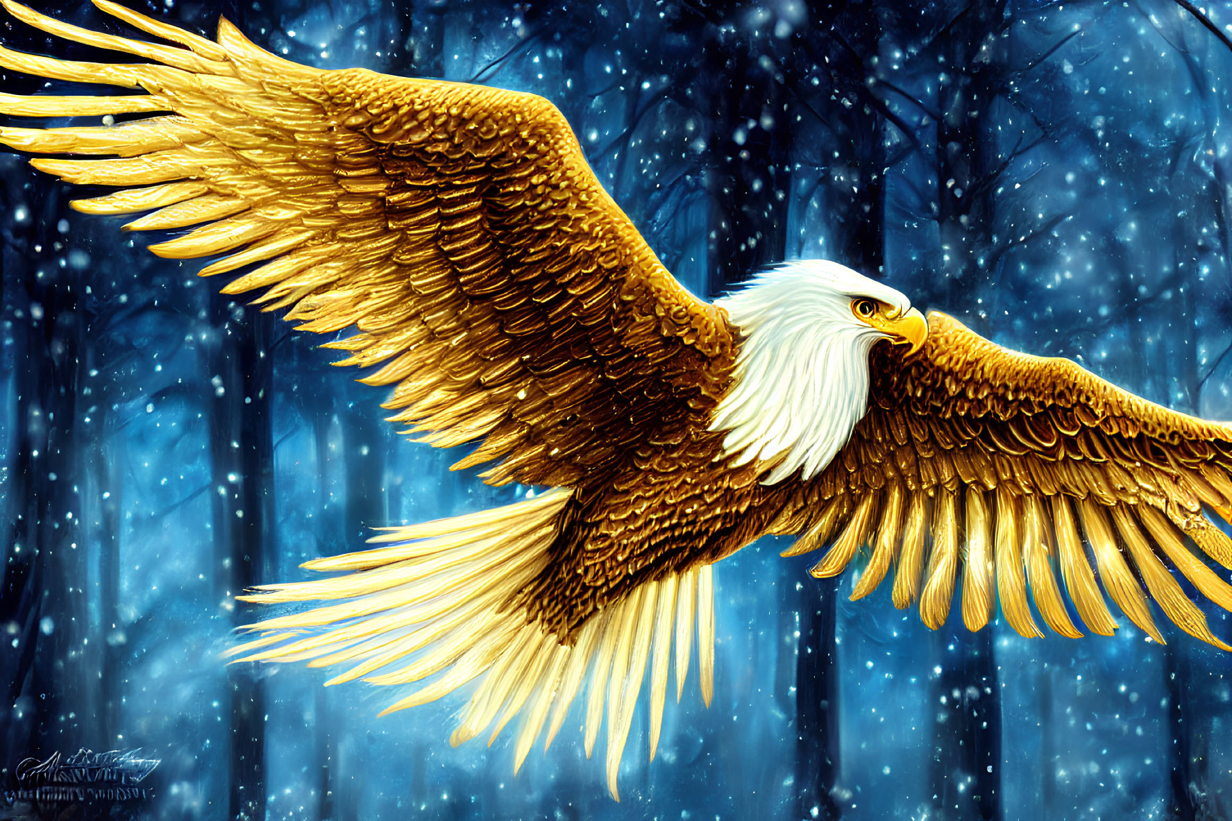 Detailed Illustration of Majestic Bald Eagle in Flight with Golden Feathers on Snowy Night Sky