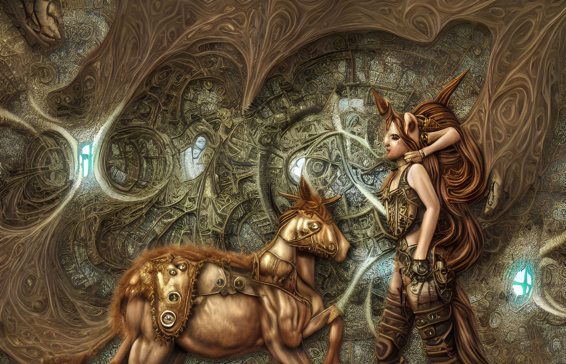 Fantasy digital art of female elf in steampunk attire on mechanical horse