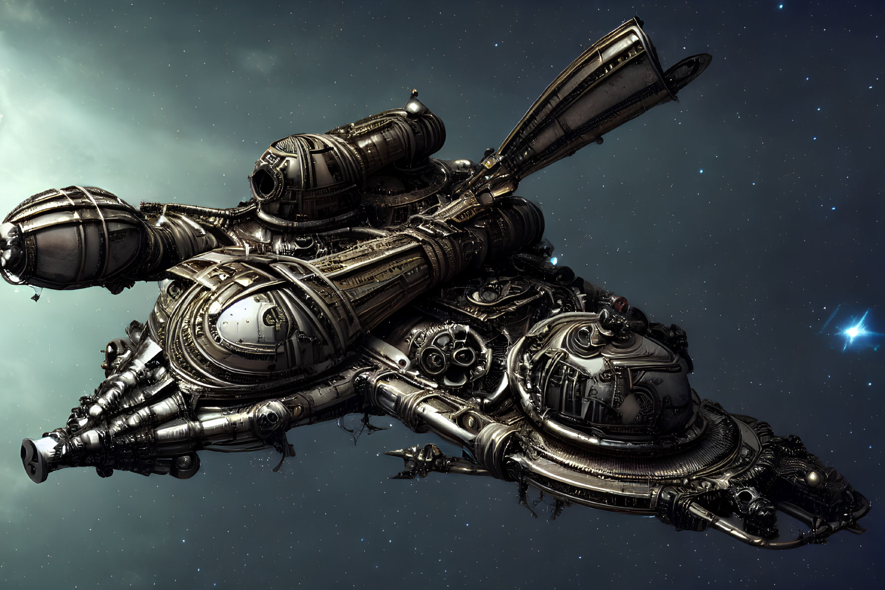 Detailed Steampunk-Style Spaceship Against Starry Space Backdrop