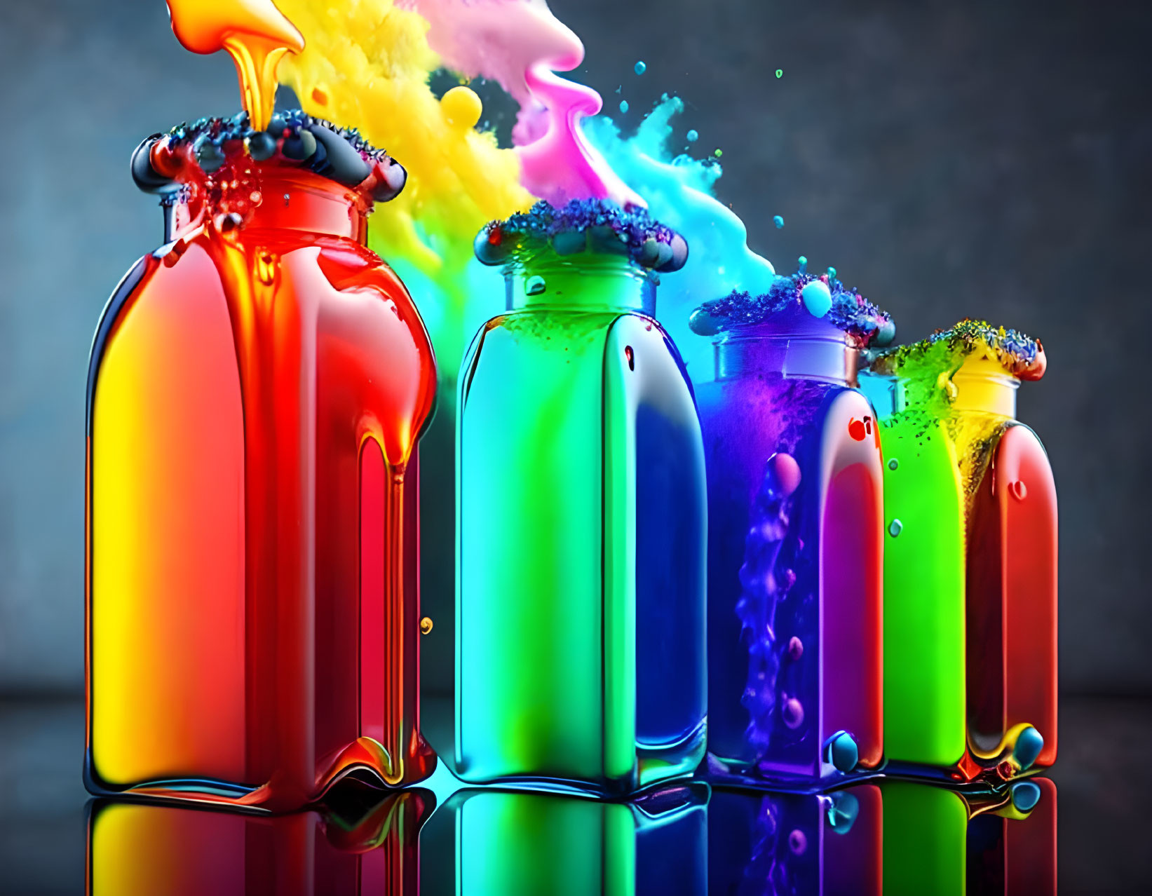 Colorful splashing liquids in vibrant bottles on moody background