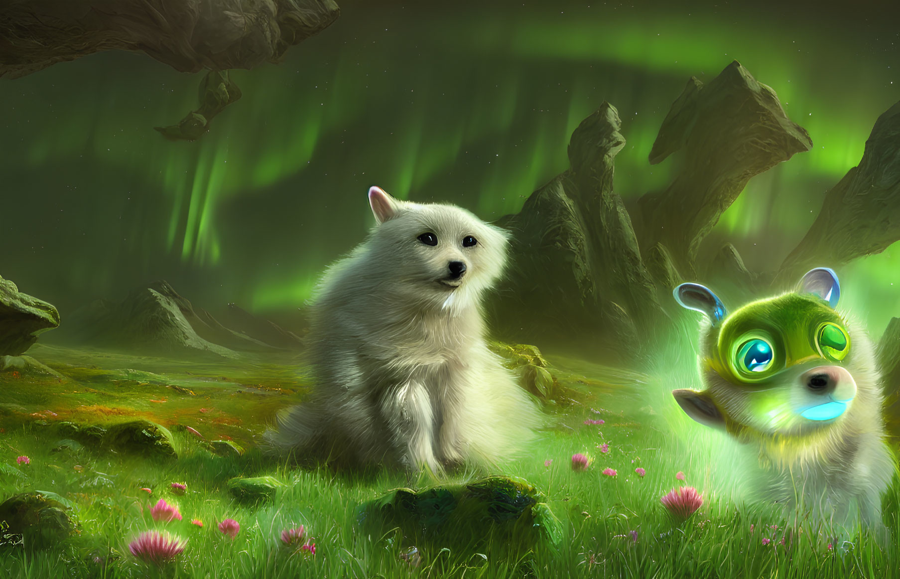 White Dog and Green-Eyed Creature on Mossy Landscape under Aurora-lit Sky