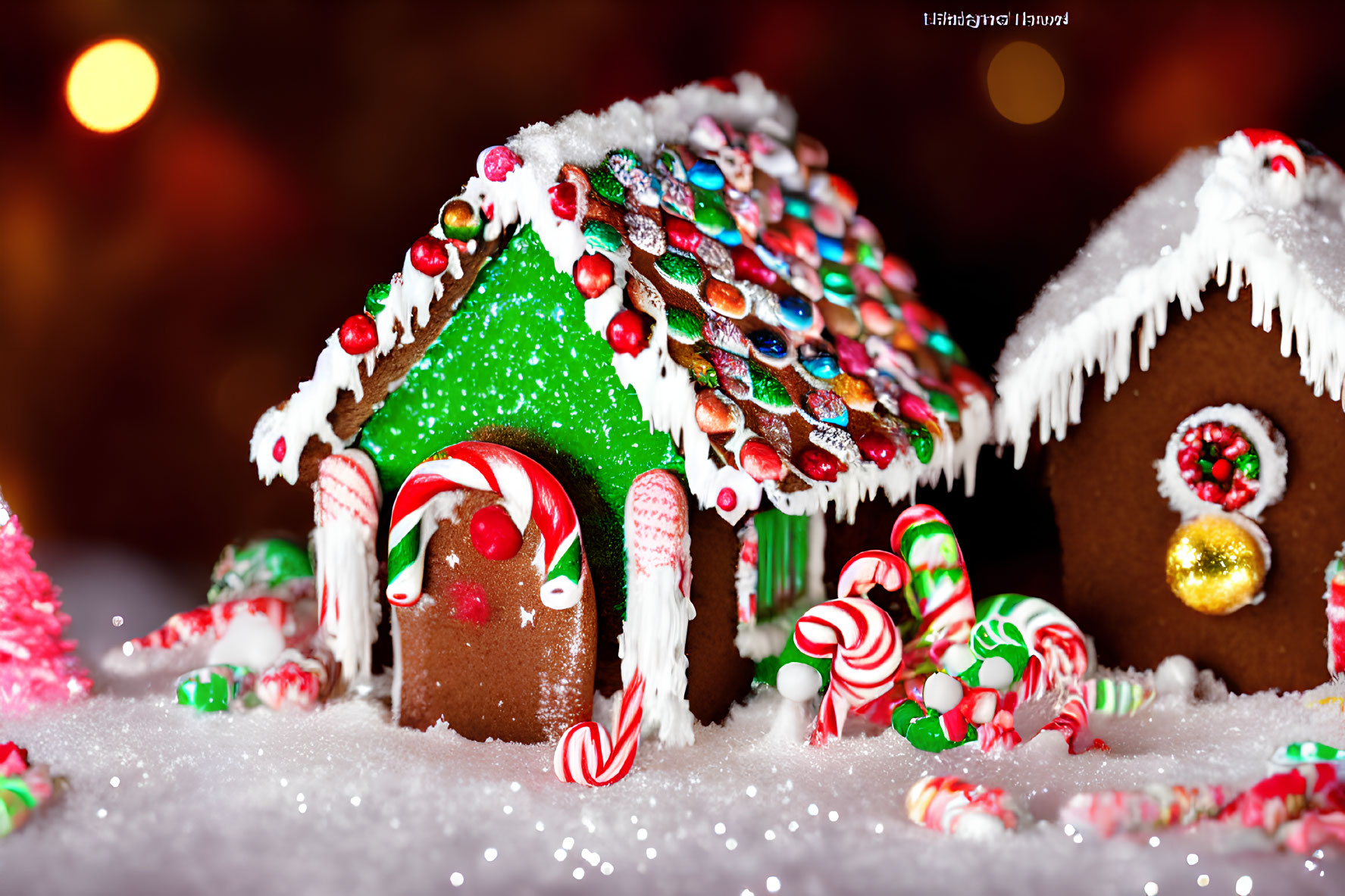 Colorful Candy Gingerbread House with Frosting and Lights