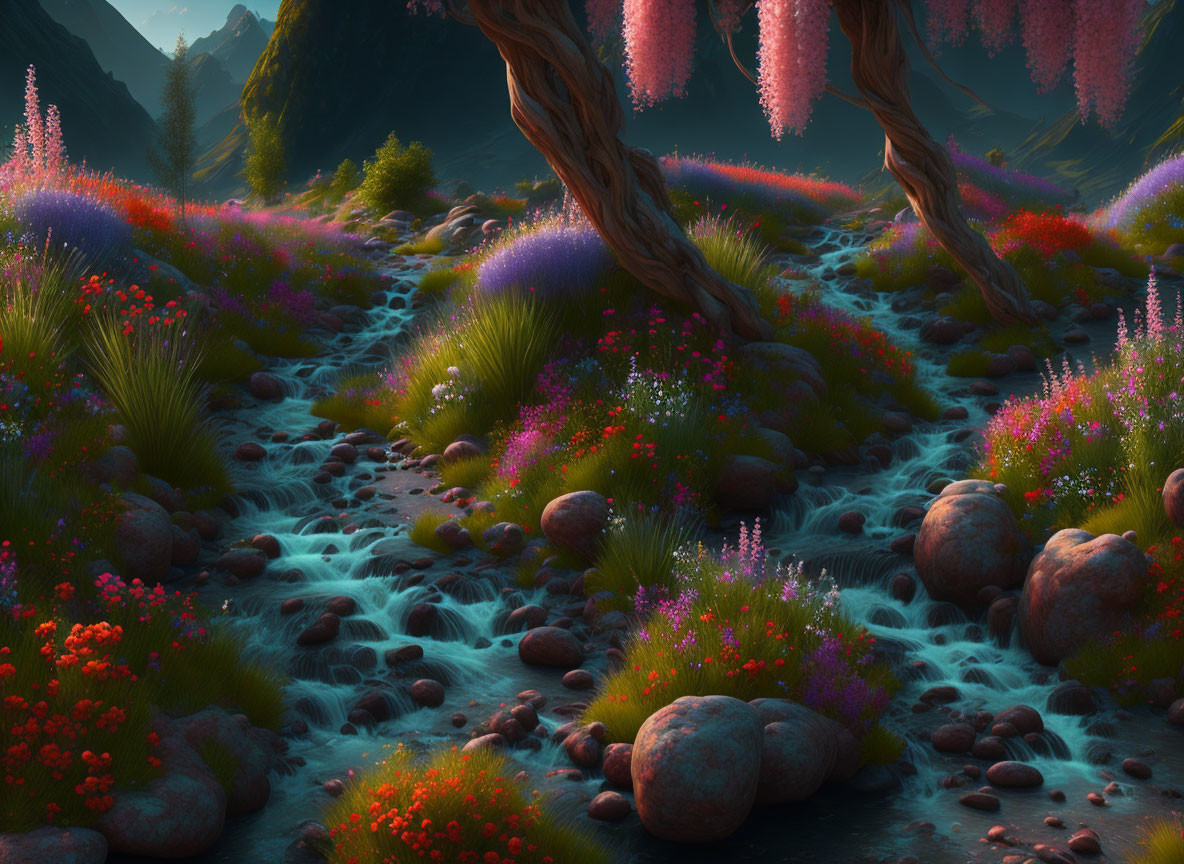 Vibrant flower-lined creek in whimsical landscape