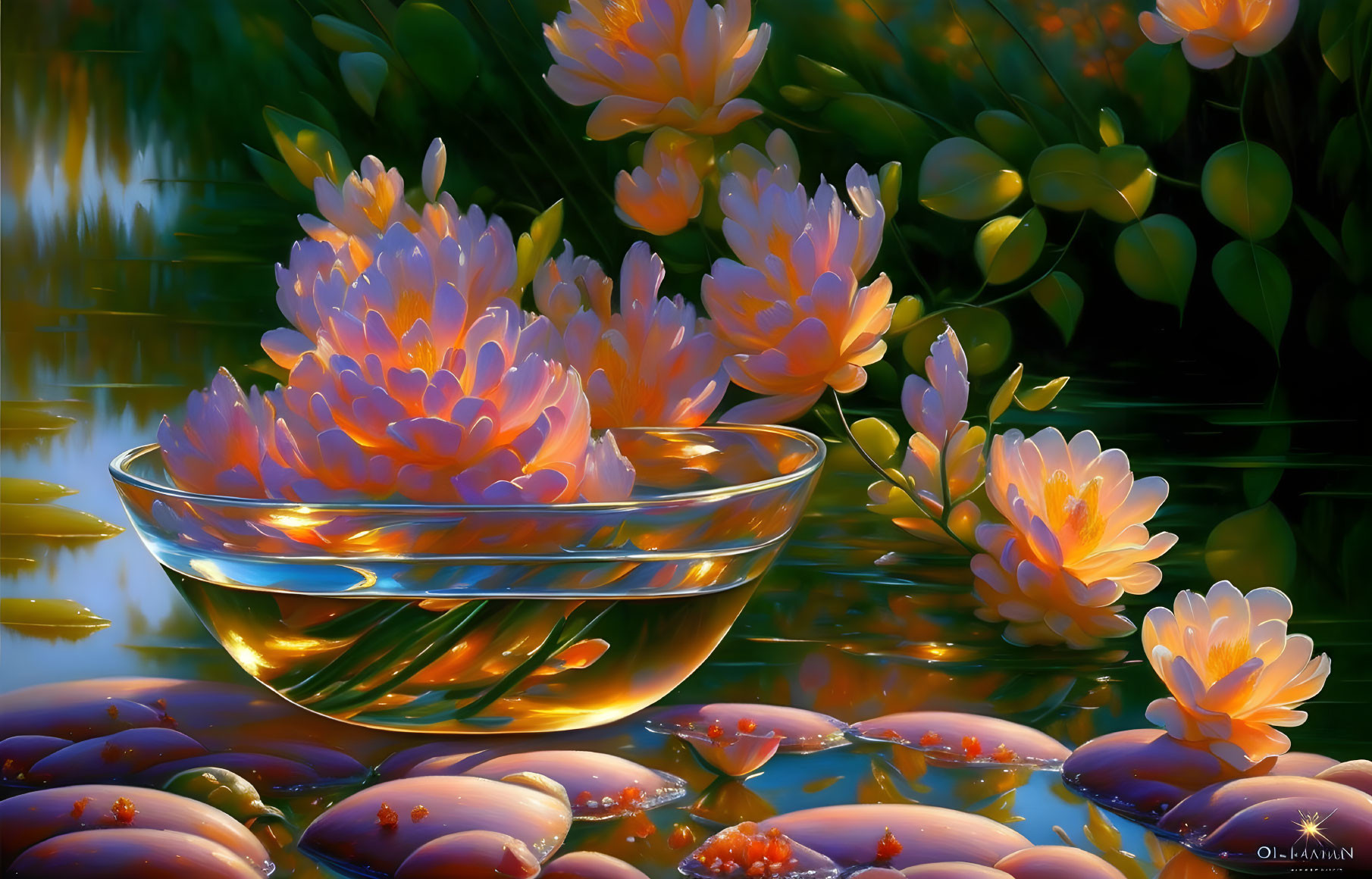 Digital Art: Glowing Water Lilies on Serene Pond