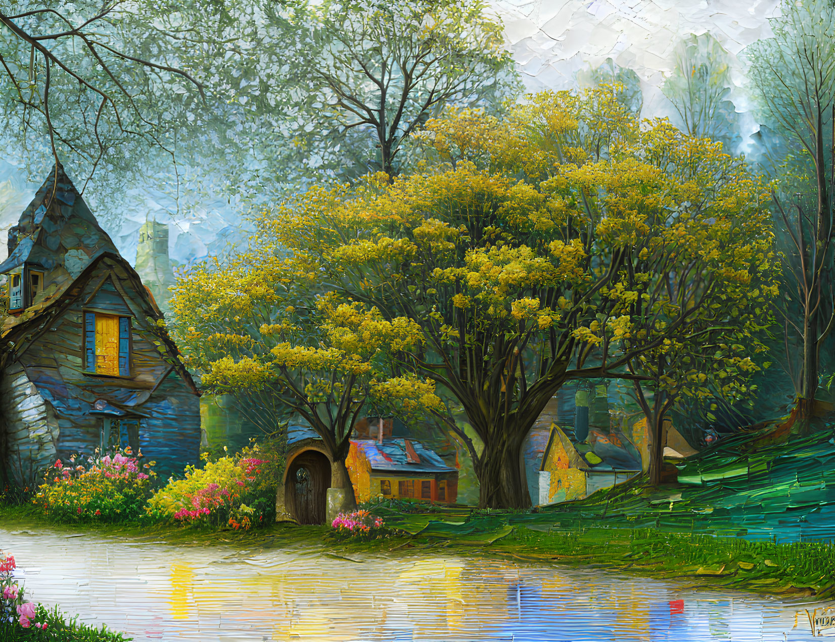 Scenic painting of stone house by serene lake