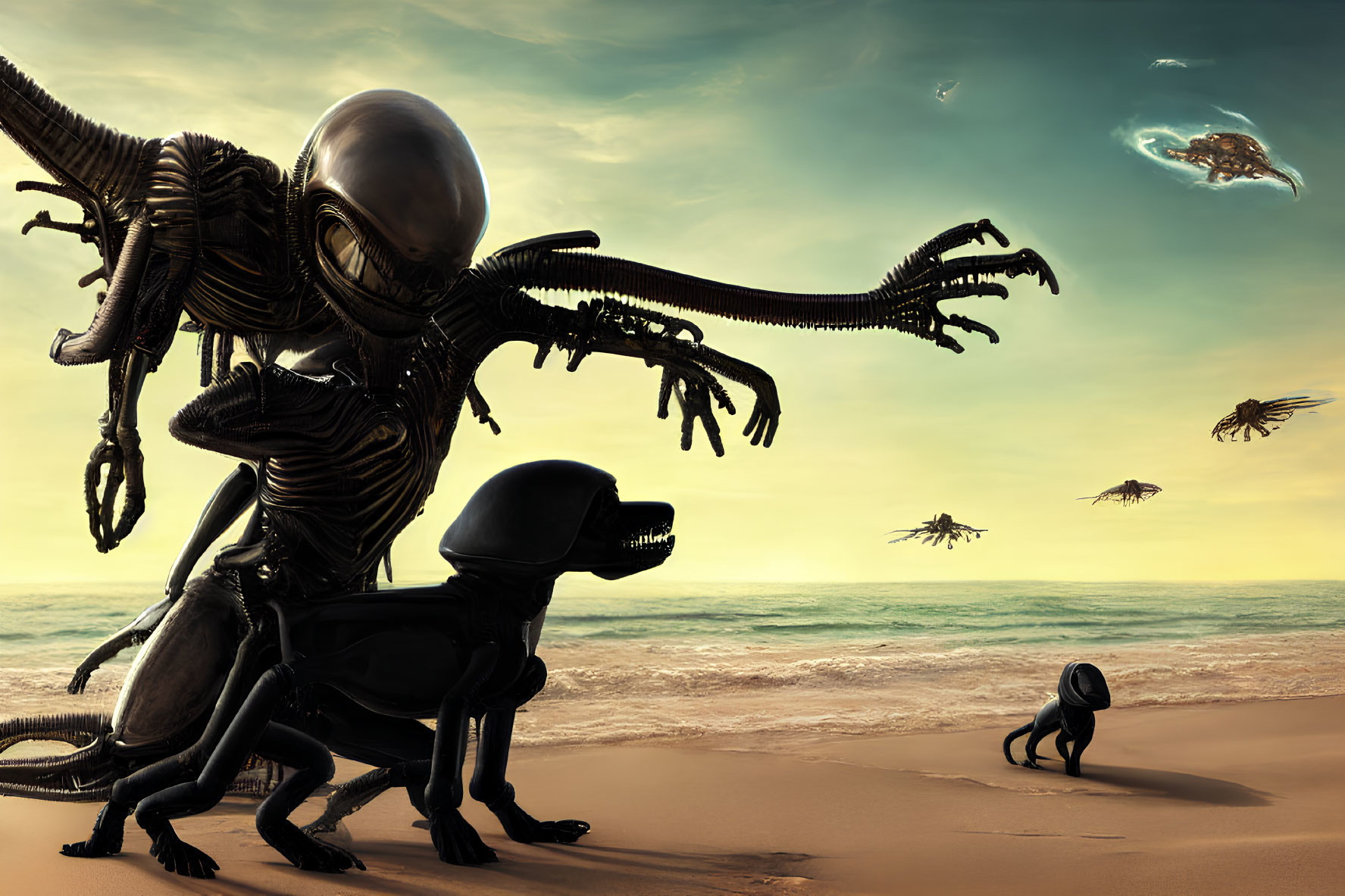 Alien creatures resembling Xenomorphs on a beach with hovering spaceships