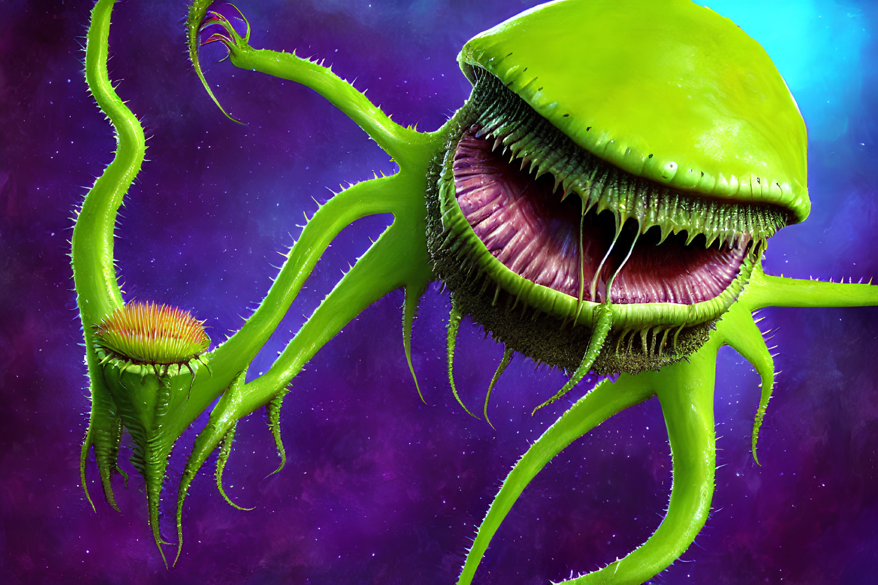 Large Green Carnivorous Plant with Tentacle-Like Stems and Sharp Teeth on Purple Nebulous