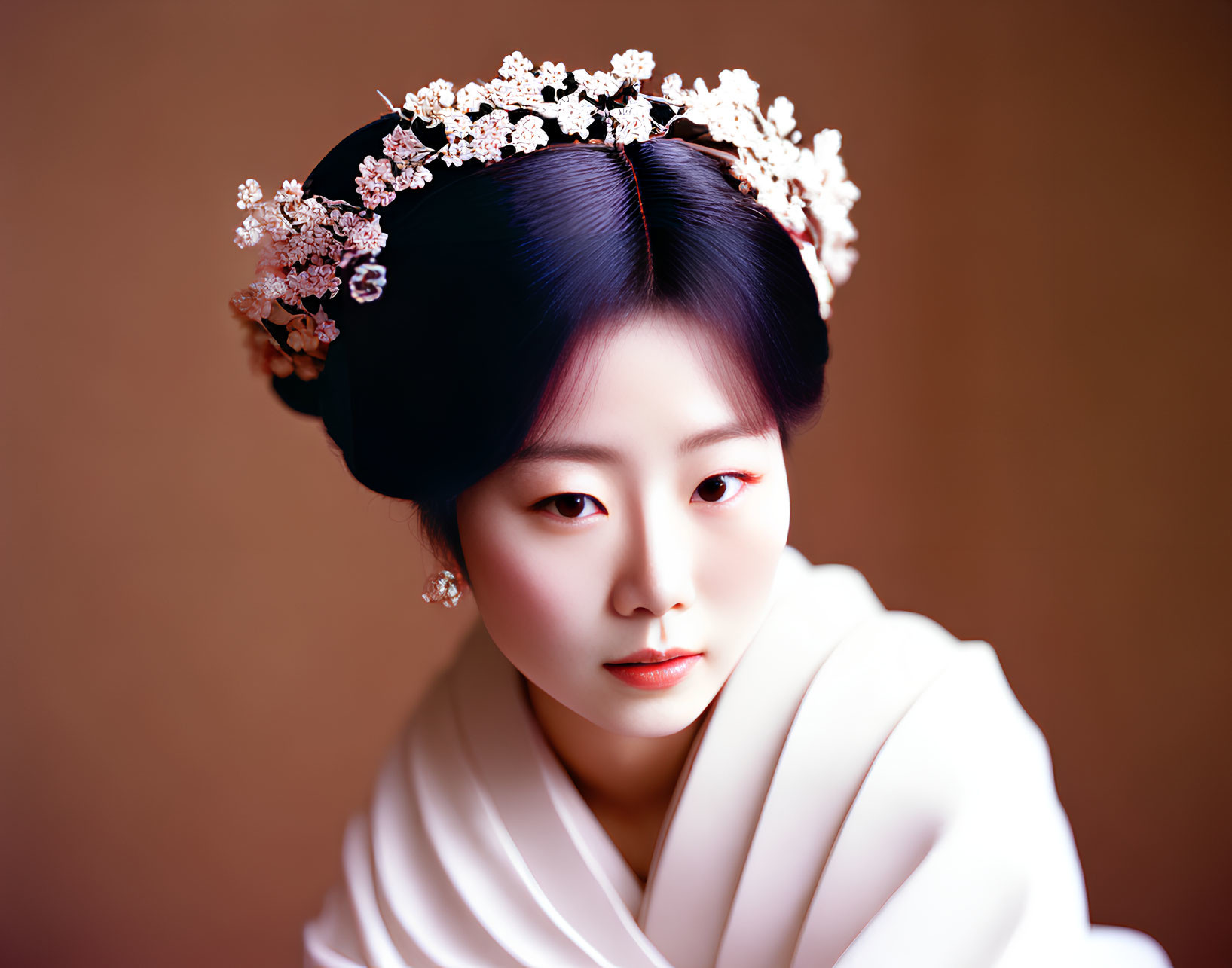 Woman in elegant updo with floral accessories in white traditional attire against brown background