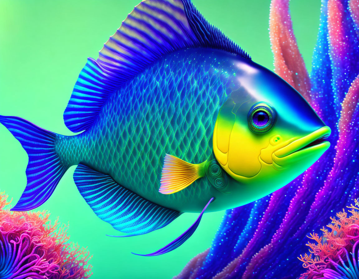 Colorful digital illustration of blue and yellow fish with intricate scales in coral reef