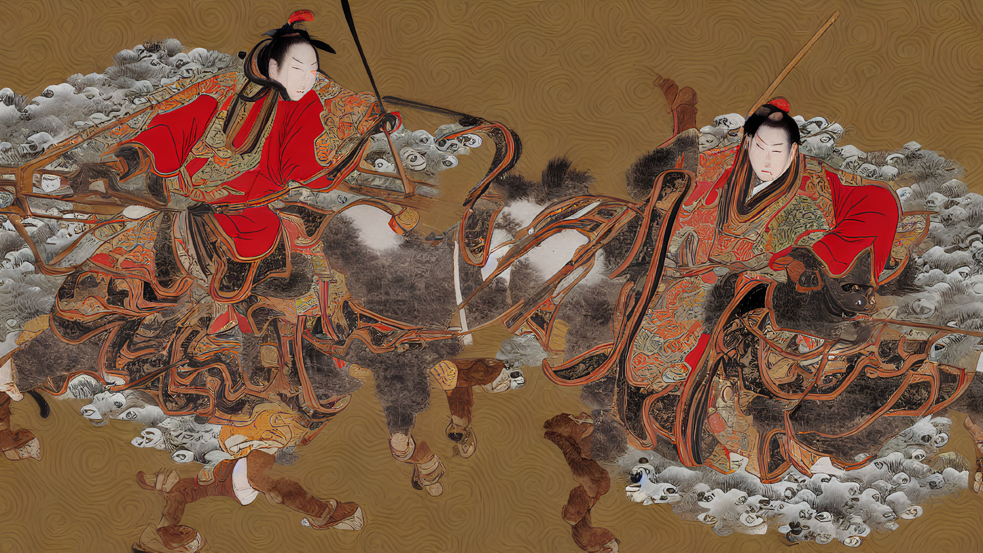 Japanese Artwork: Two Samurai Warriors in Red Armor Battling