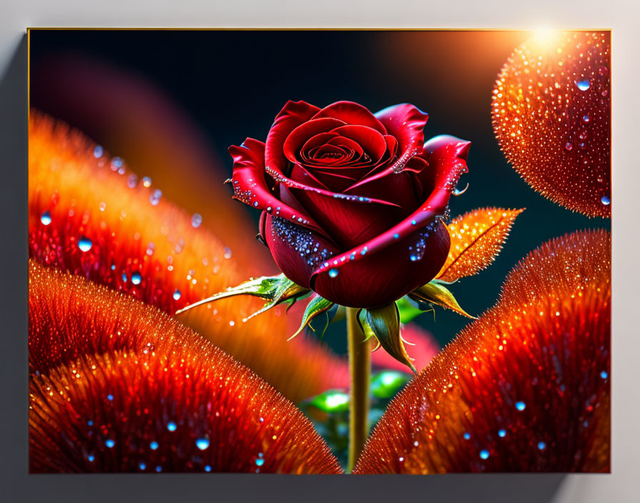 Vibrant red rose with dewdrops against blurred orange background.