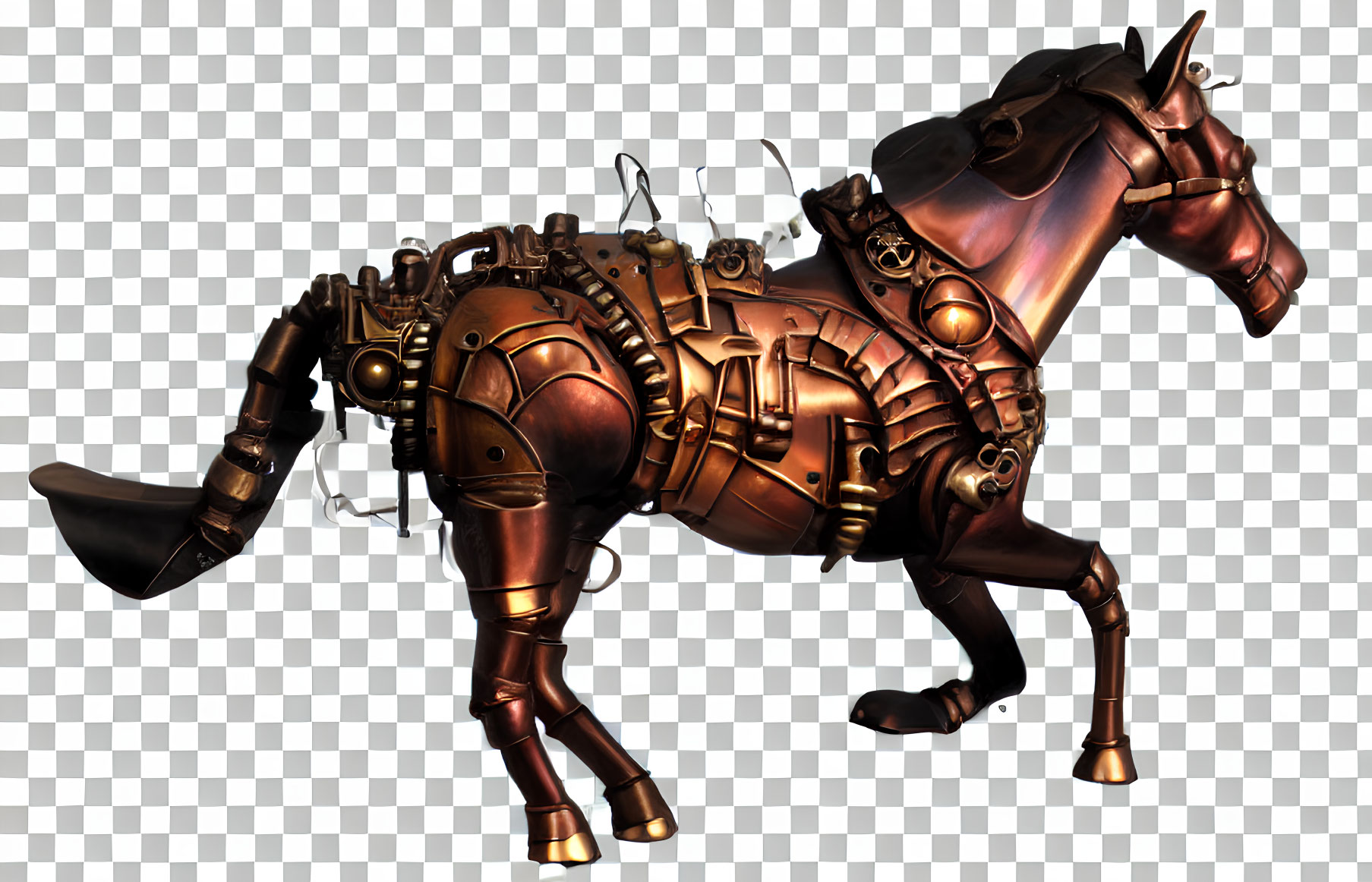 Steampunk mechanical horse with bronze gears on transparent background