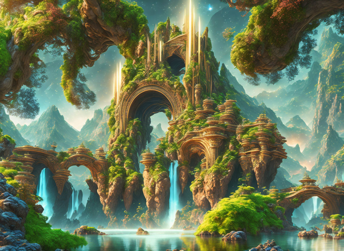 Fantastical landscape with lush green islands, stone arches, waterfalls, and glowing light