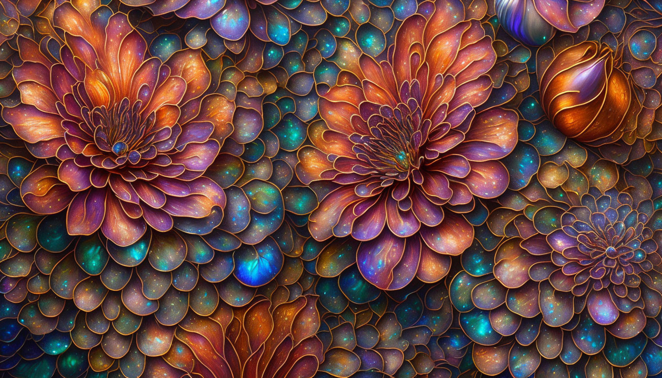 Vibrant Arrangement of Stylized Flowers in Cosmic Garden