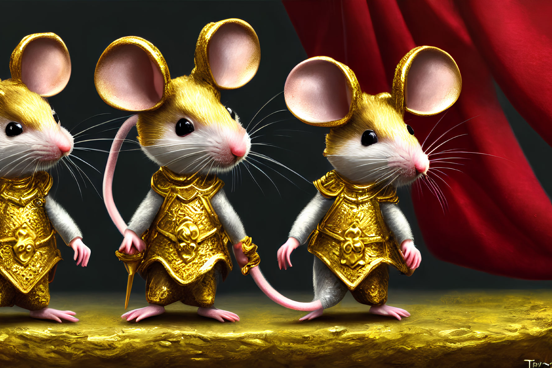 Anthropomorphic mice in golden armor with red curtain background.