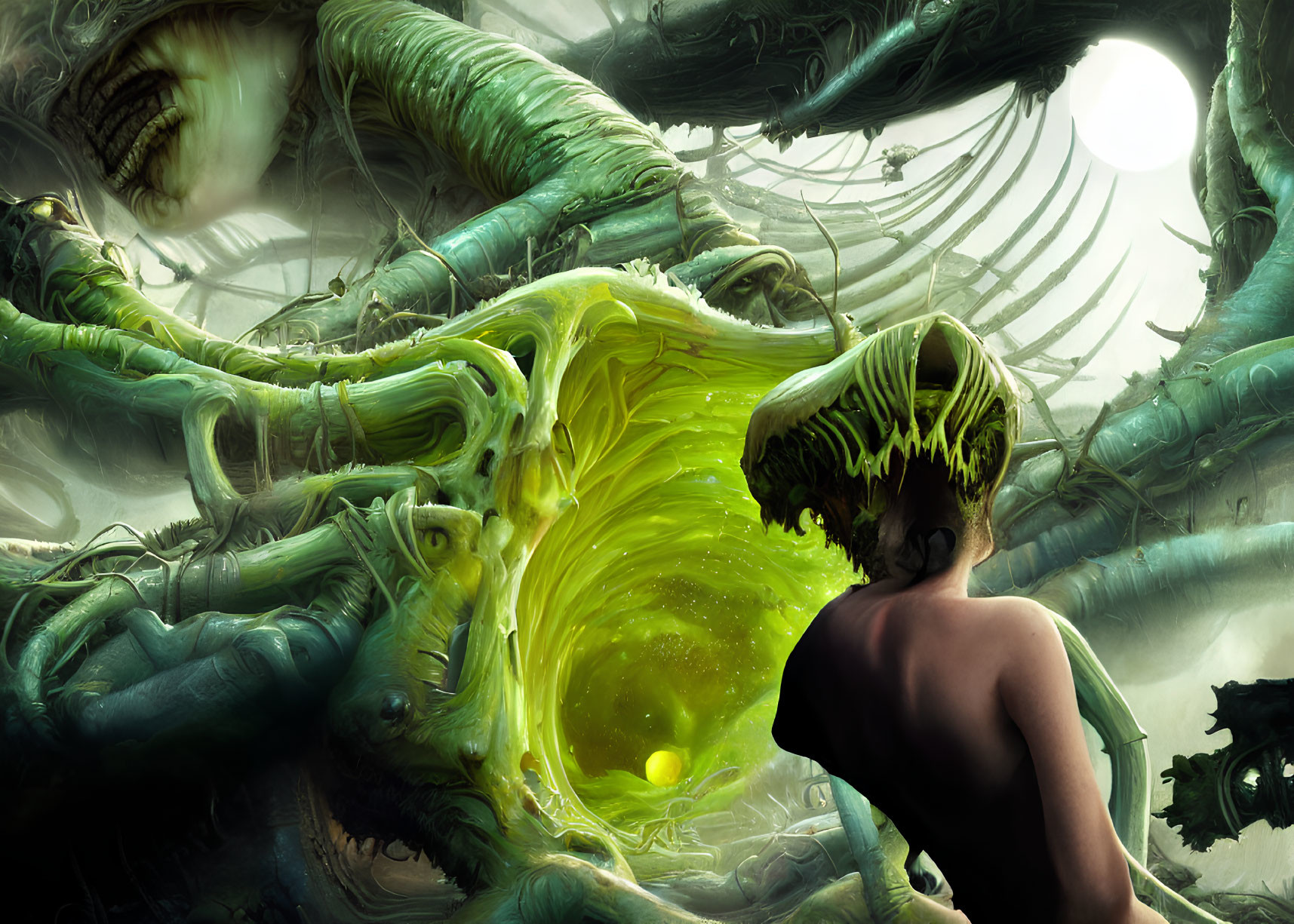 Surreal landscape with green tendrils and bone-like structures