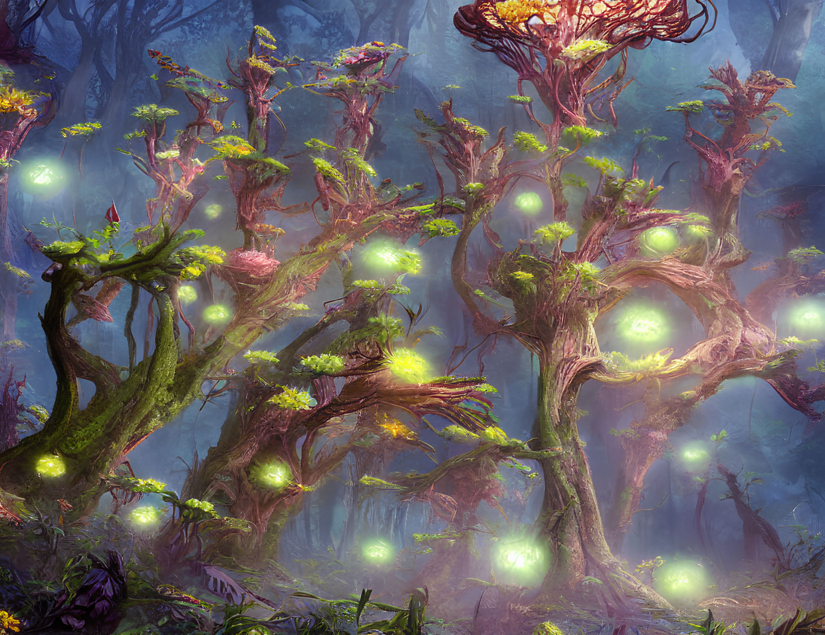 Mystical forest with glowing orbs, thick mist, vibrant foliage