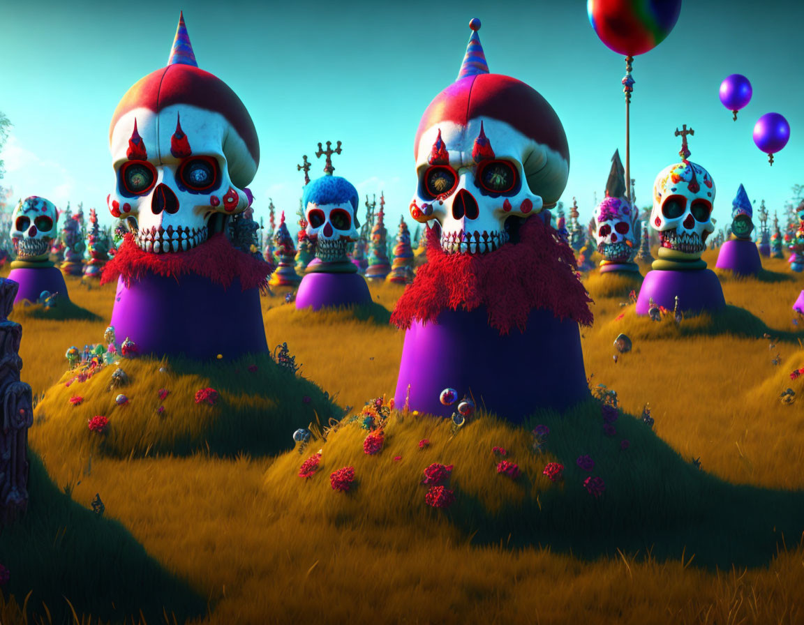 Vibrant festive skulls on grassy field with balloons - Dia de los Muertos theme