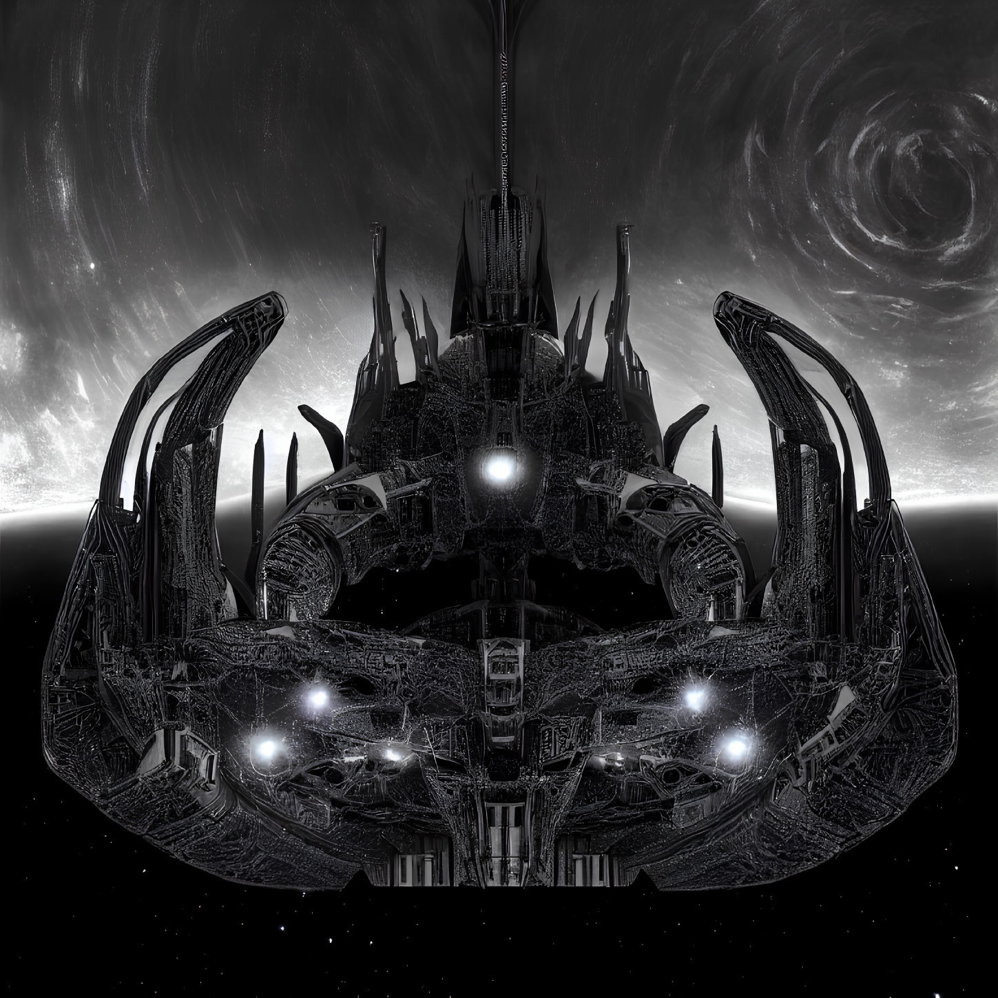 Detailed Monochromatic Sci-Fi Mechanical Structure on Cosmic Background
