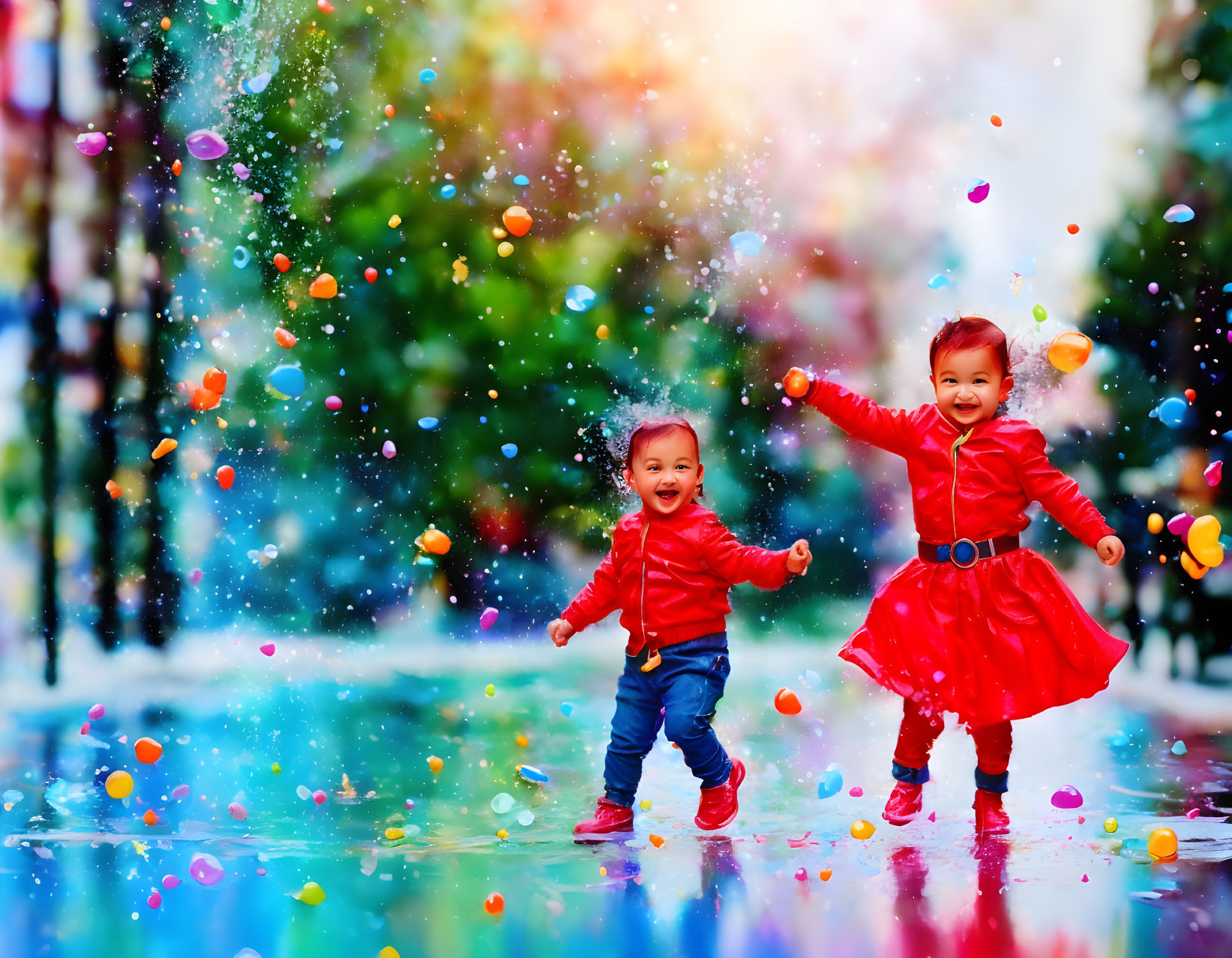 Vibrant street scene: joyful toddlers in red outfits play with colorful bubbles