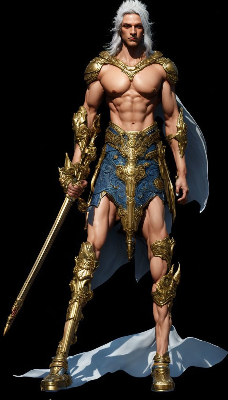 Muscular fantasy warrior in golden armor with spear and white hair