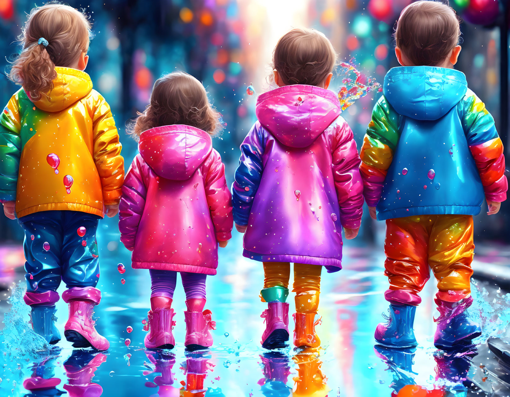 Group of children in colorful raincoats and boots walking through puddles