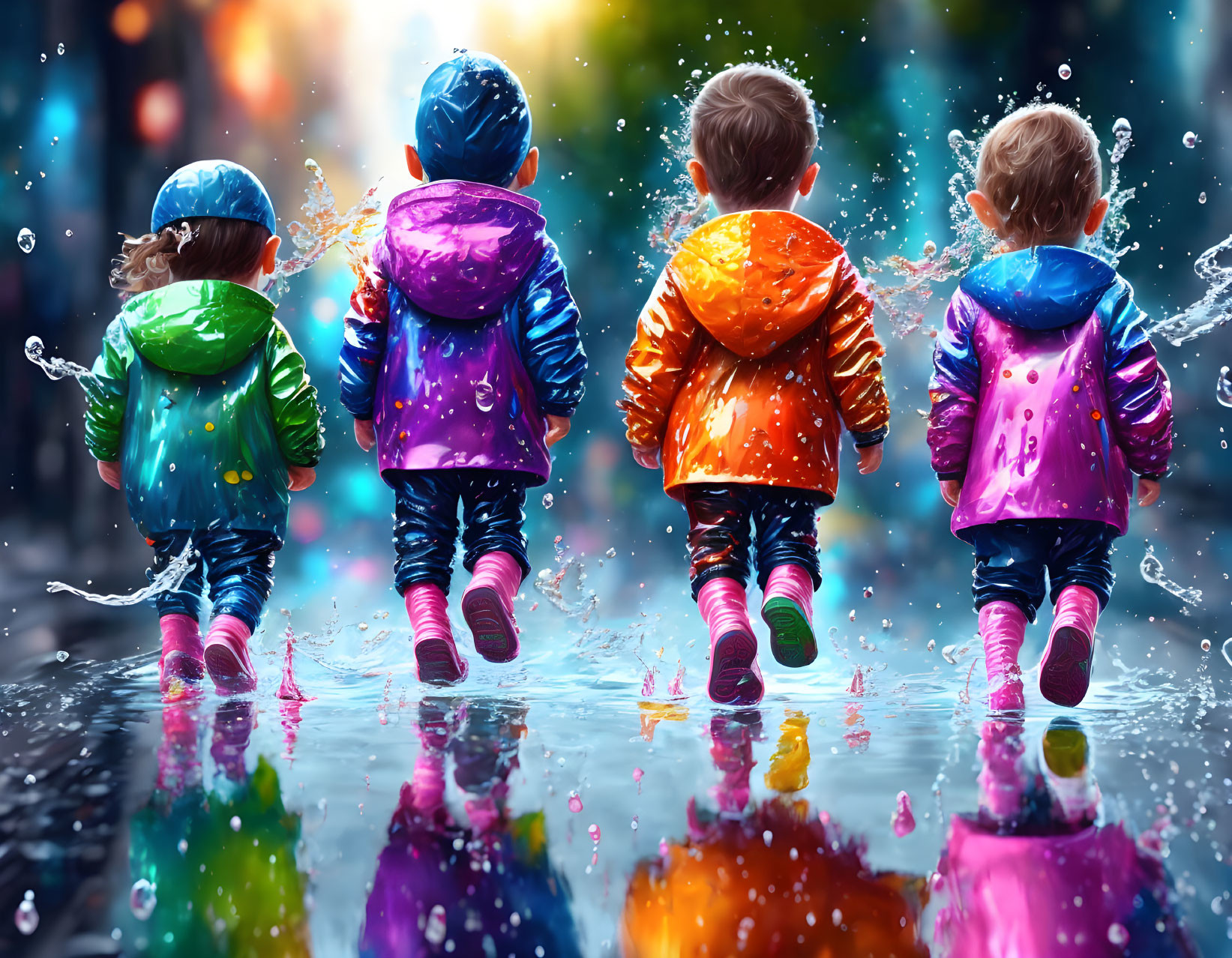 Four children in colorful raincoats jumping in puddles with reflections and blurry lights.