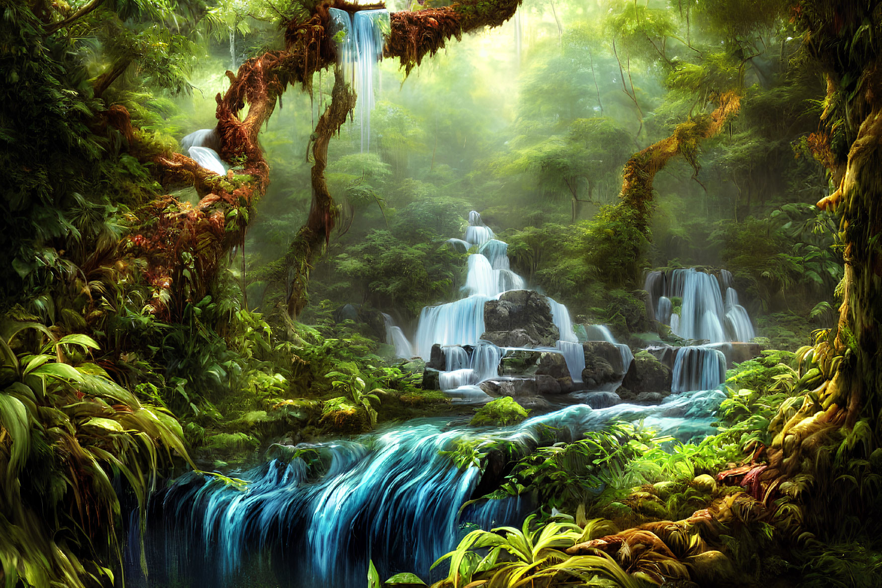 Tranquil forest waterfall with lush greenery & misty rocks