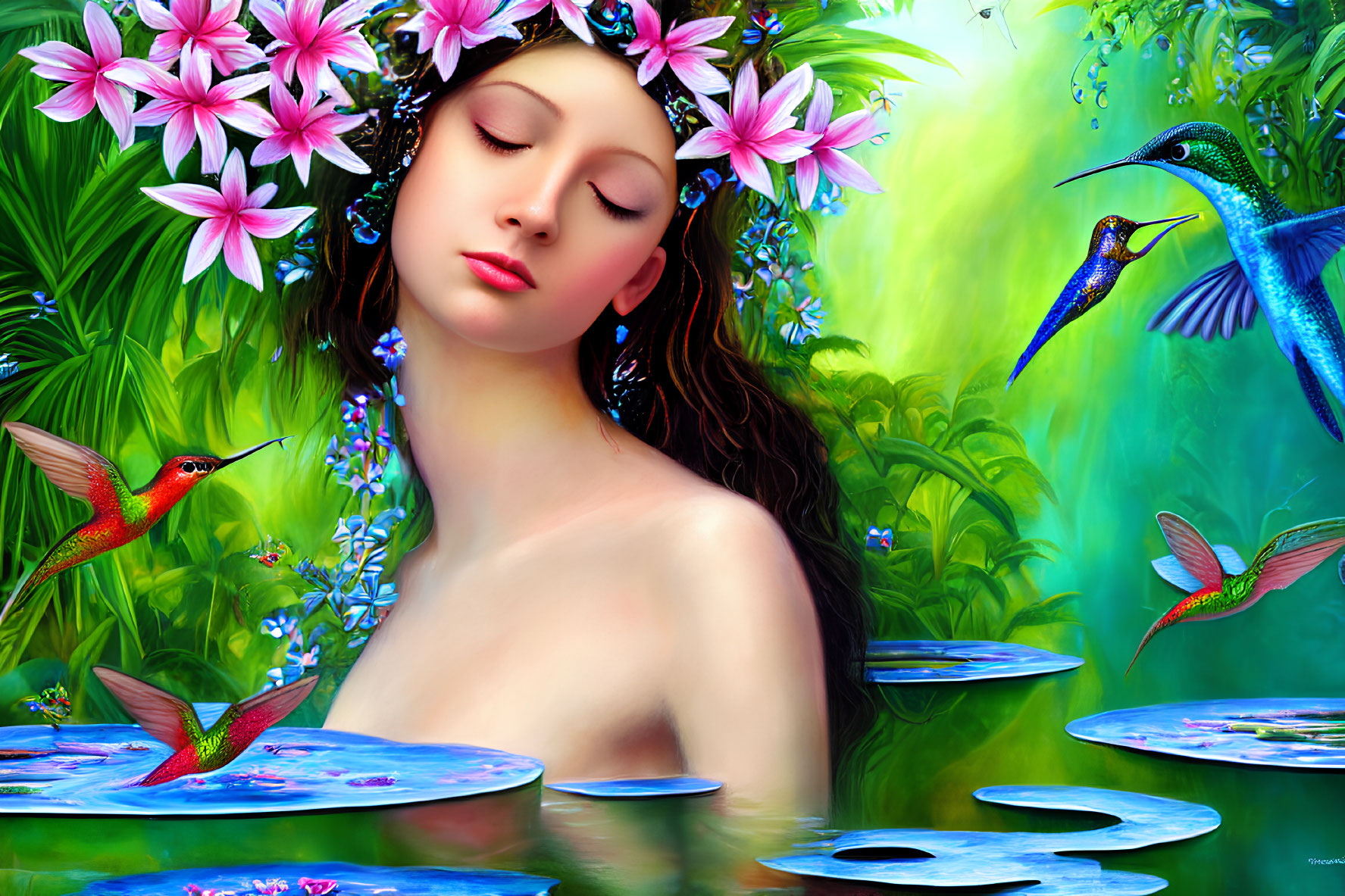 Illustration: Woman with floral crown, hummingbirds, lilies in vibrant green setting