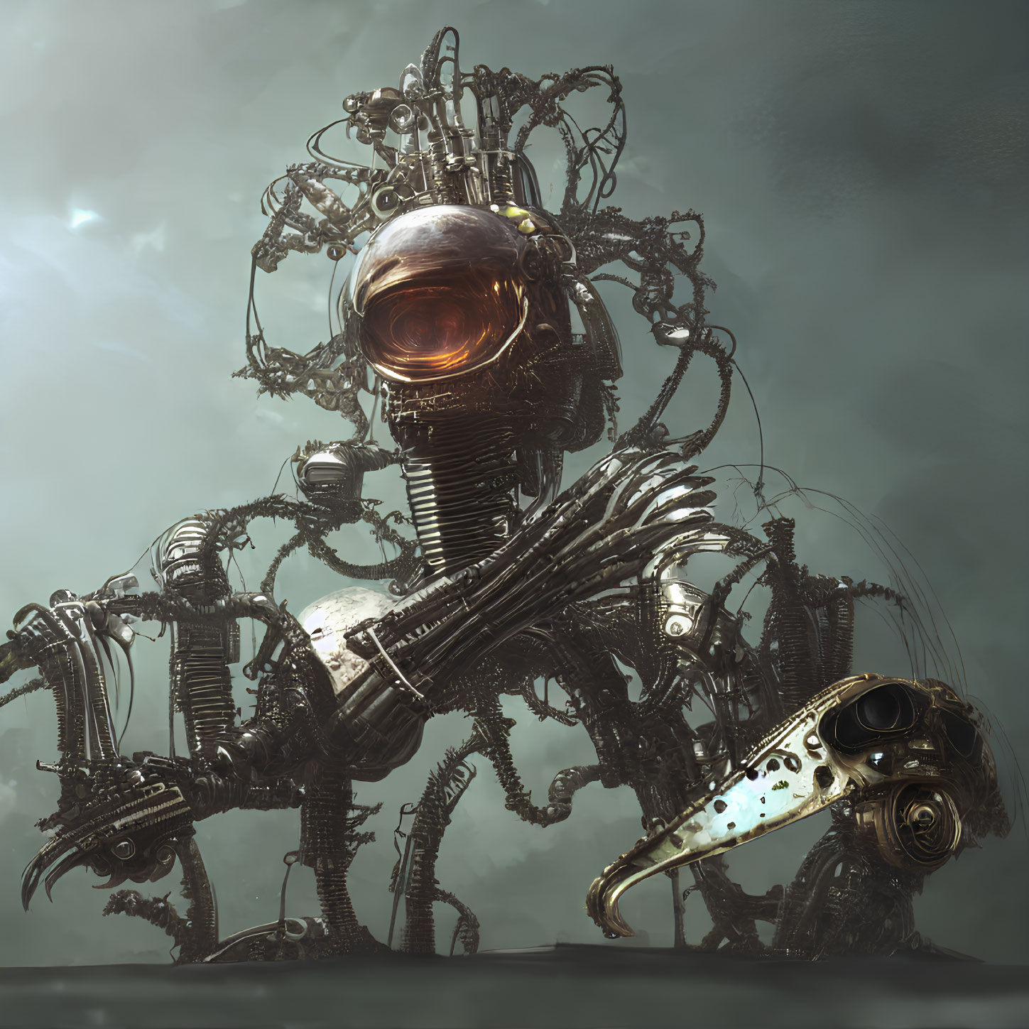 Intricate mechanical creature with glowing eye and metallic exoskeleton