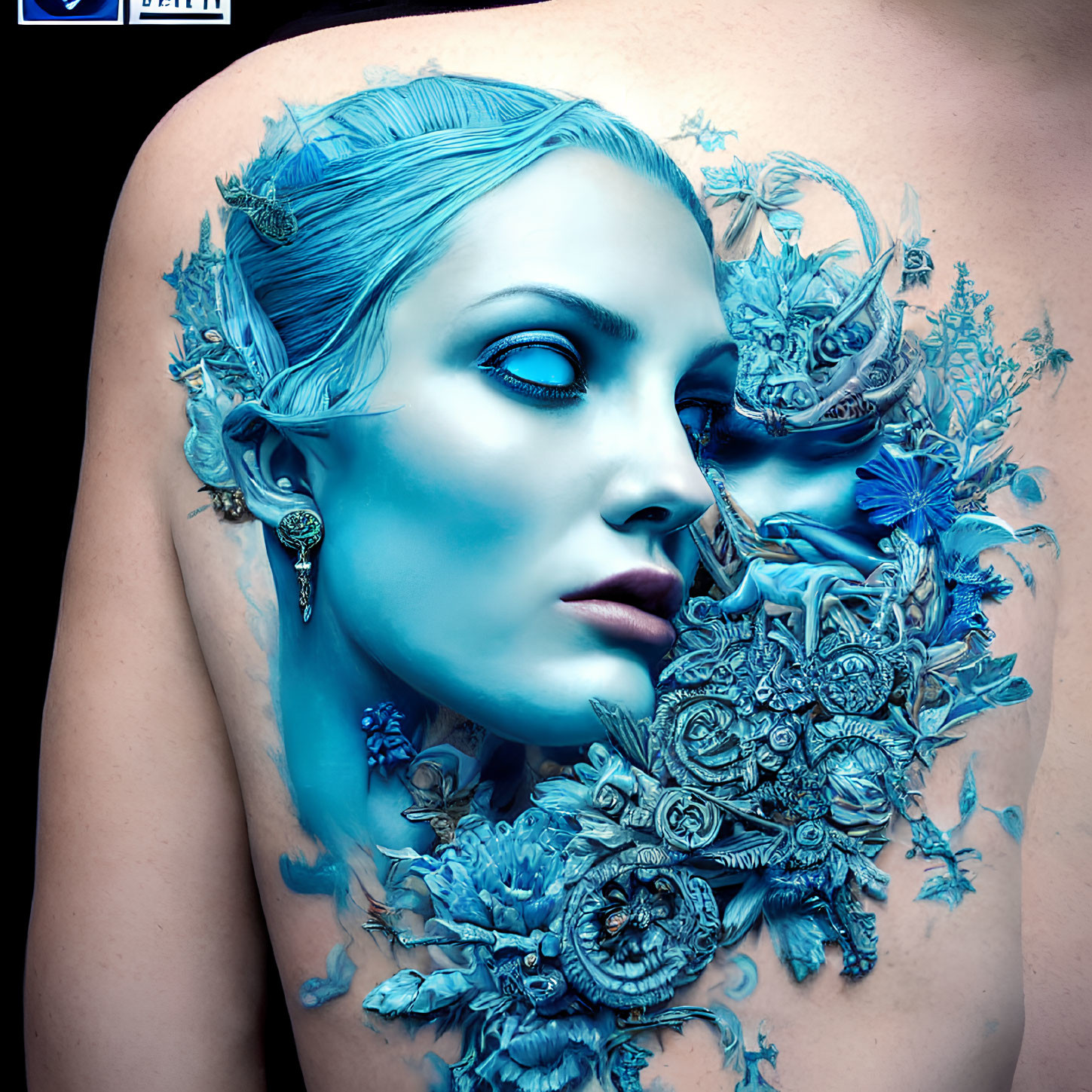 Intricate Blue Floral and Mechanical Body Art on Face and Shoulder