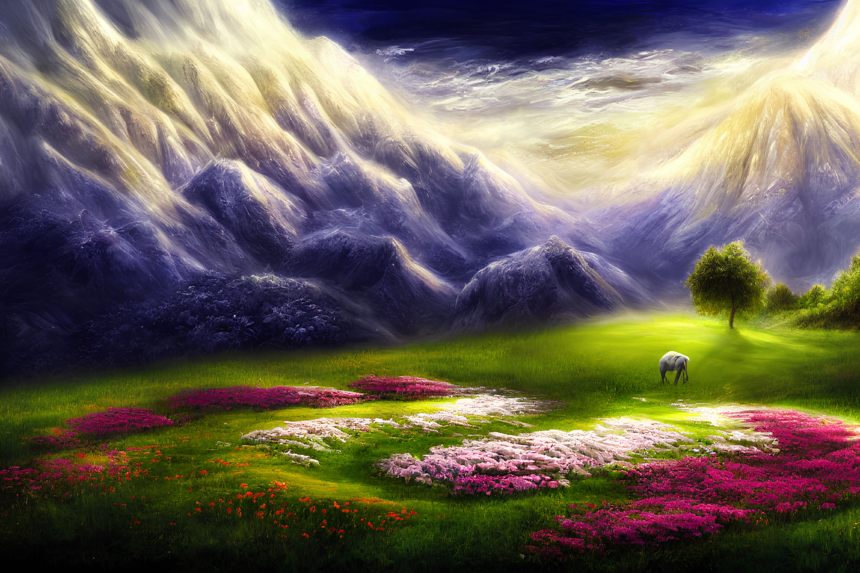 Colorful landscape with snow-capped mountains, green field, flowers, and grazing horse.