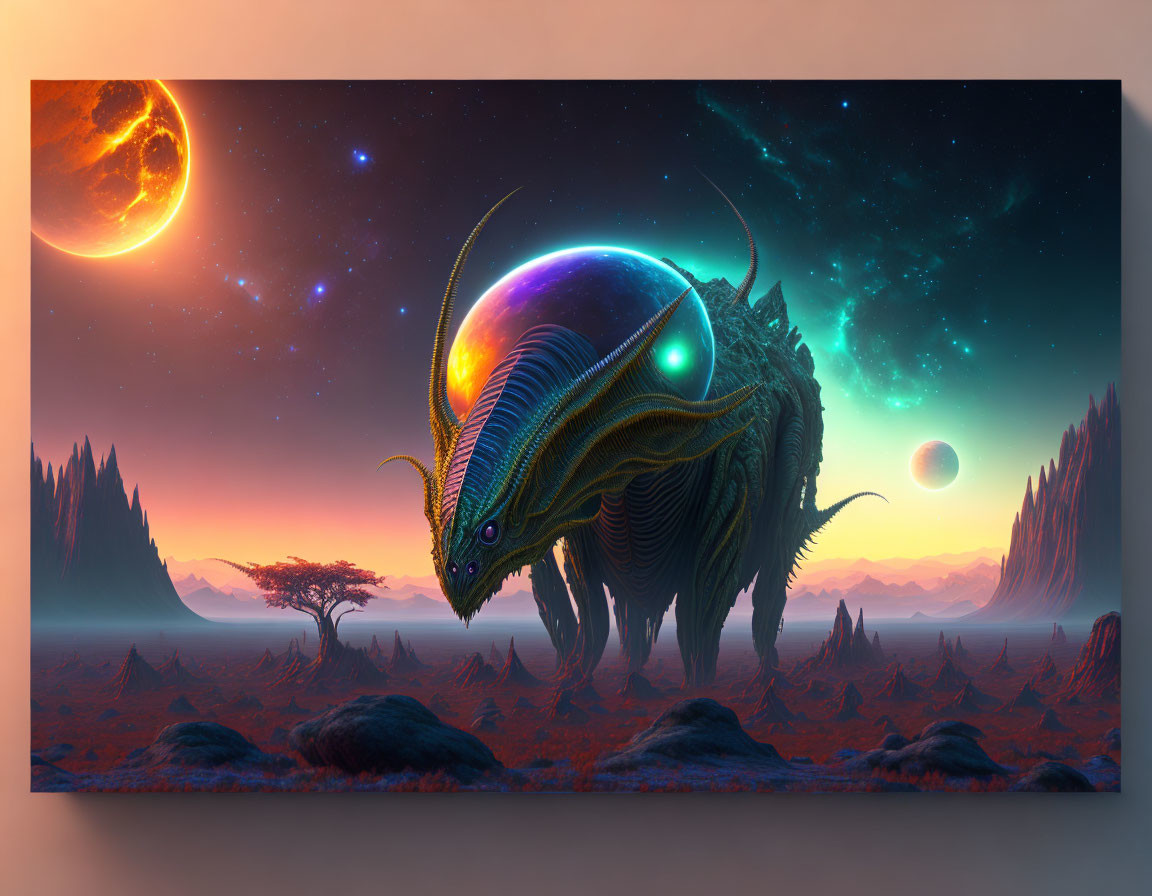 Surreal Landscape with Alien Creature and Cosmic Backdrop