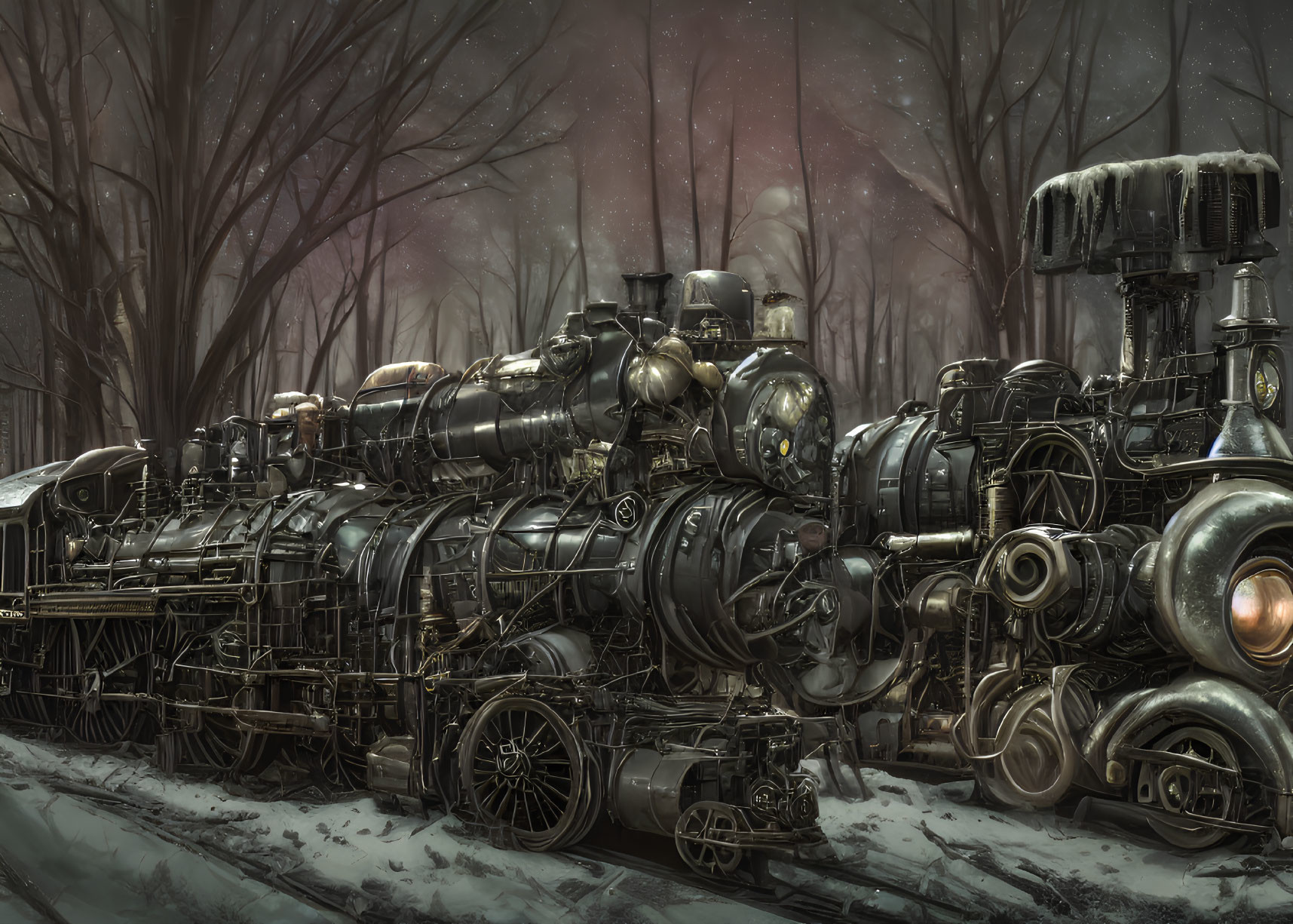 Detailed Steampunk Train in Snowy Forest Setting